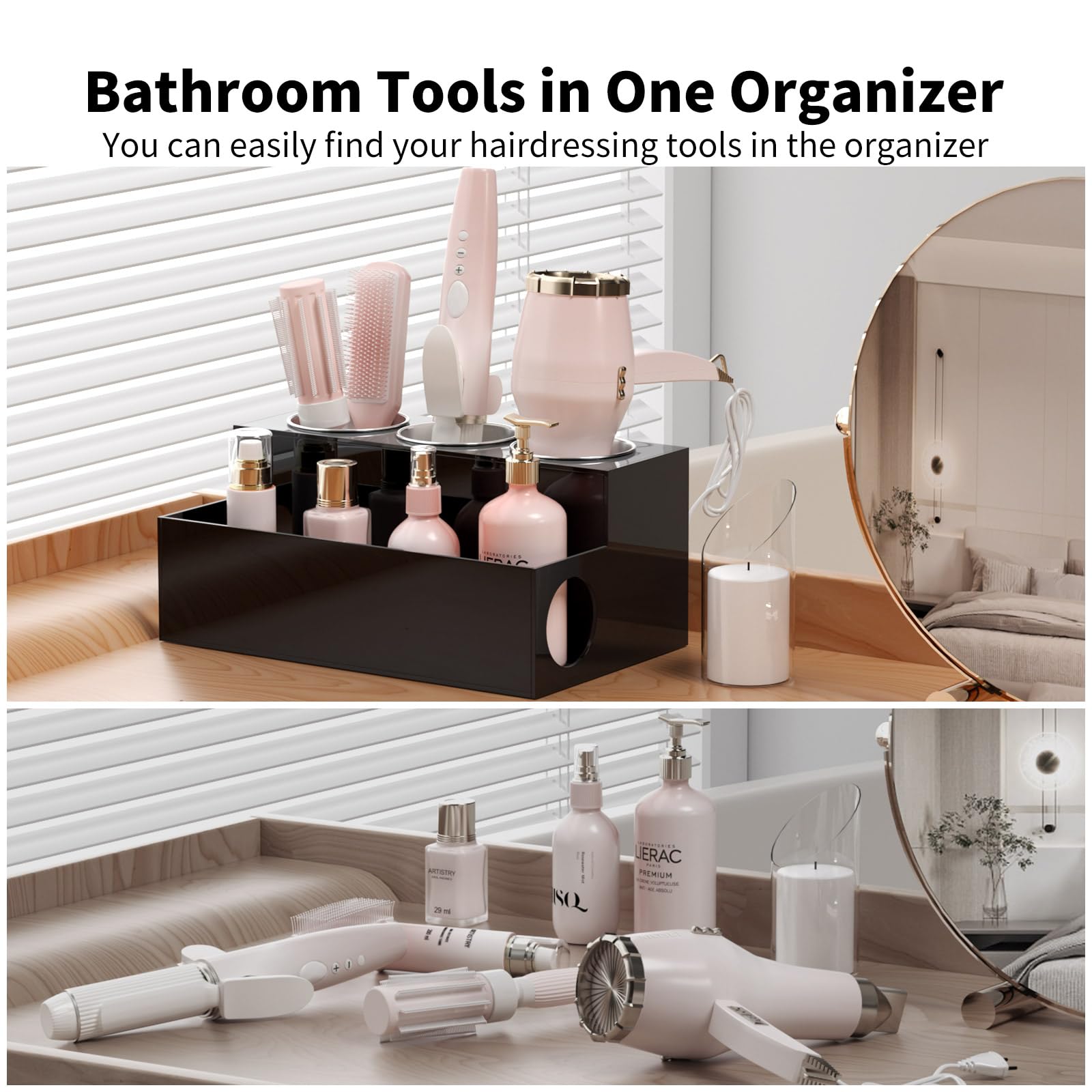 NIUBEE Haar-Werkzeug-Organizer, schwarzer Acryl-Haartrockner und Styling-Organizer, Badezimmer-Aufsatz-Föhn-Halter, Kosmetik-Caddy Aufbewahrungsständer für Zubehör, Make-up, Toilettenartikel