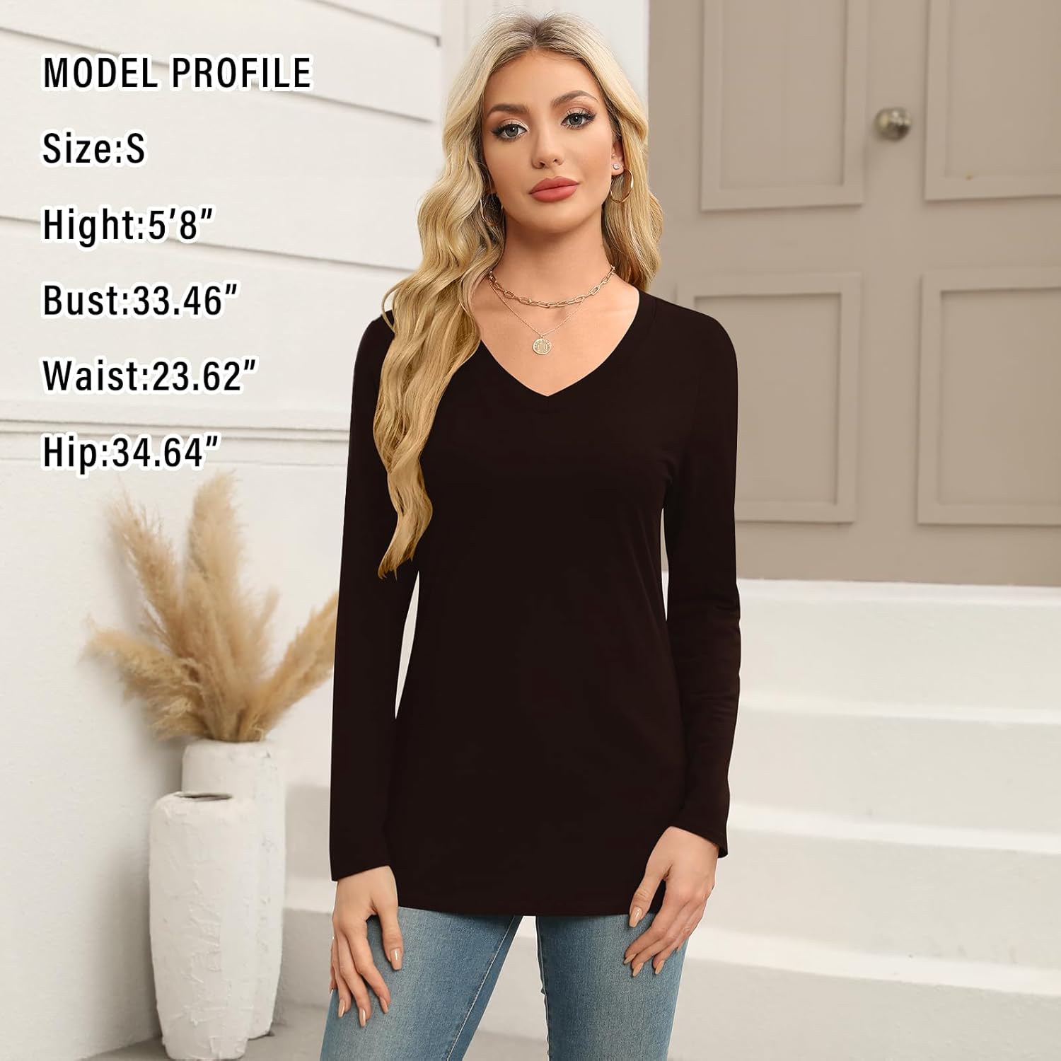 Elesomo Long Sleeve Shirts for Women Cotton Tshirts V Neck Spring Tops Basic Tee - Image 4