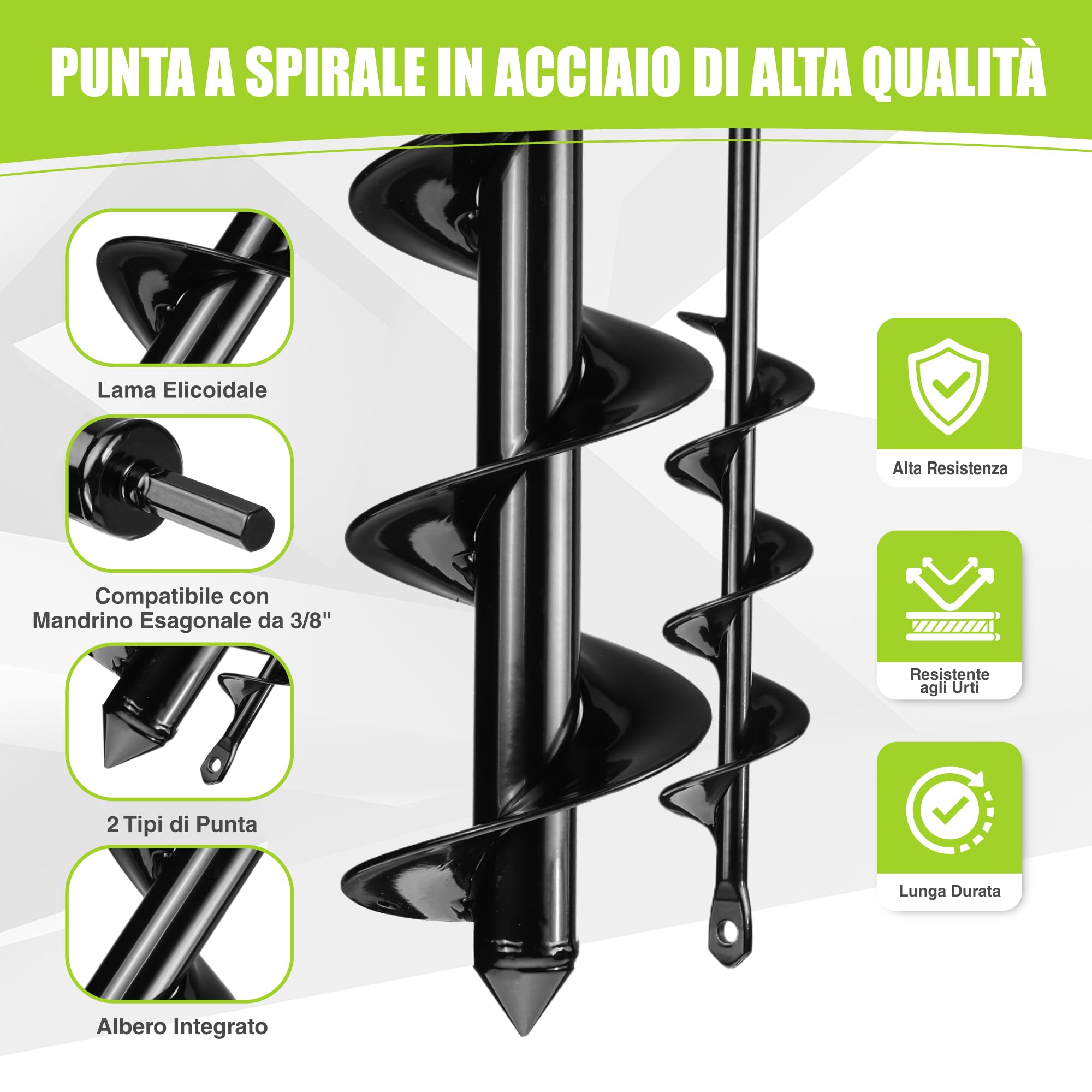 WORKPRO Trivella da Giardino, Trapano da Giardino per Trapano Elettrico, Vite a Spirale Senza Fili, Trapano Manuale, Strumento per Scavare per Piante e Fori (4 x 42 cm e 9 x 40 cm) 2 Pezzi