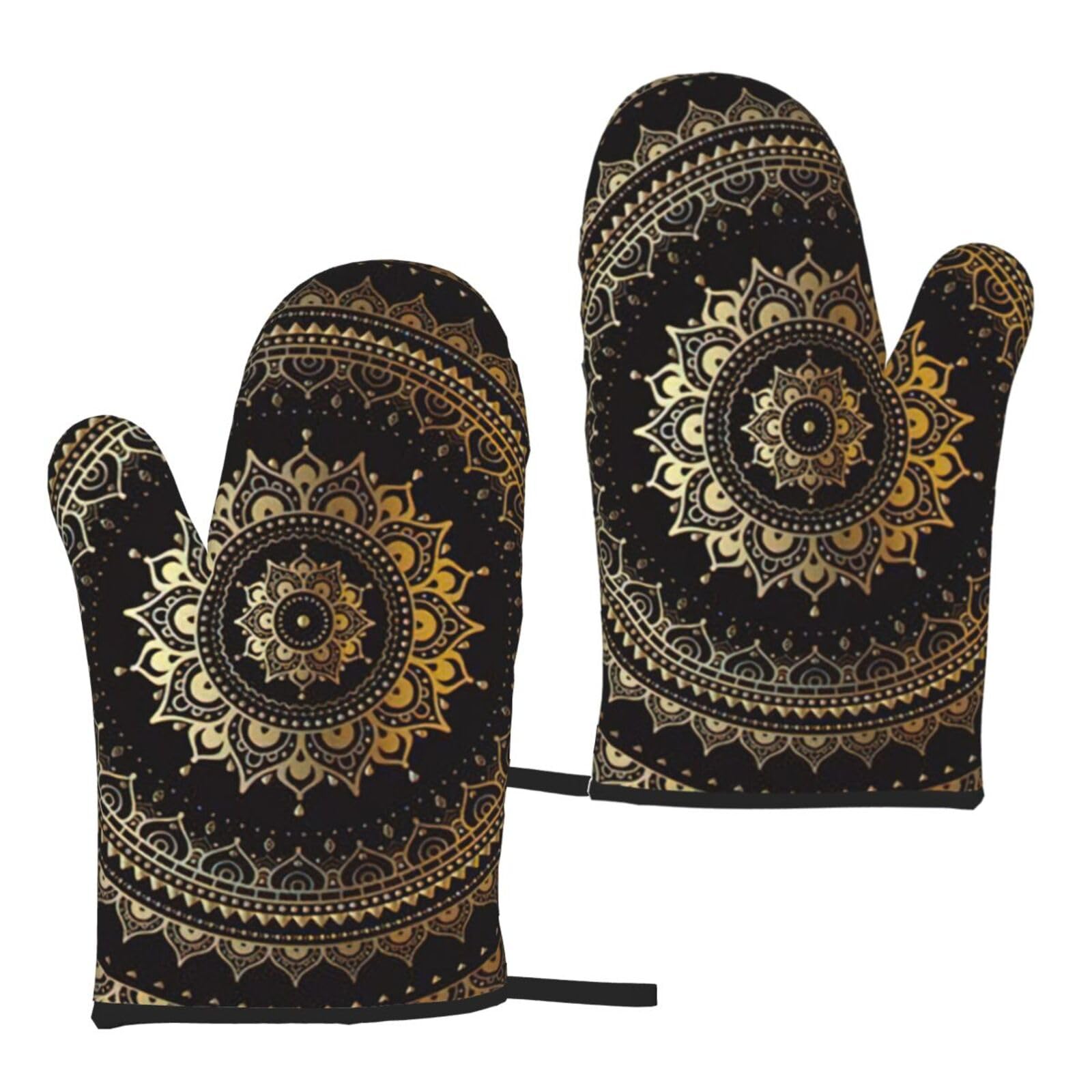 Nimongt Women's Black Mandala Print Adults Universal Fit Heat Resistant Oven Gloves Reusable Cooking Outdoor Grilling