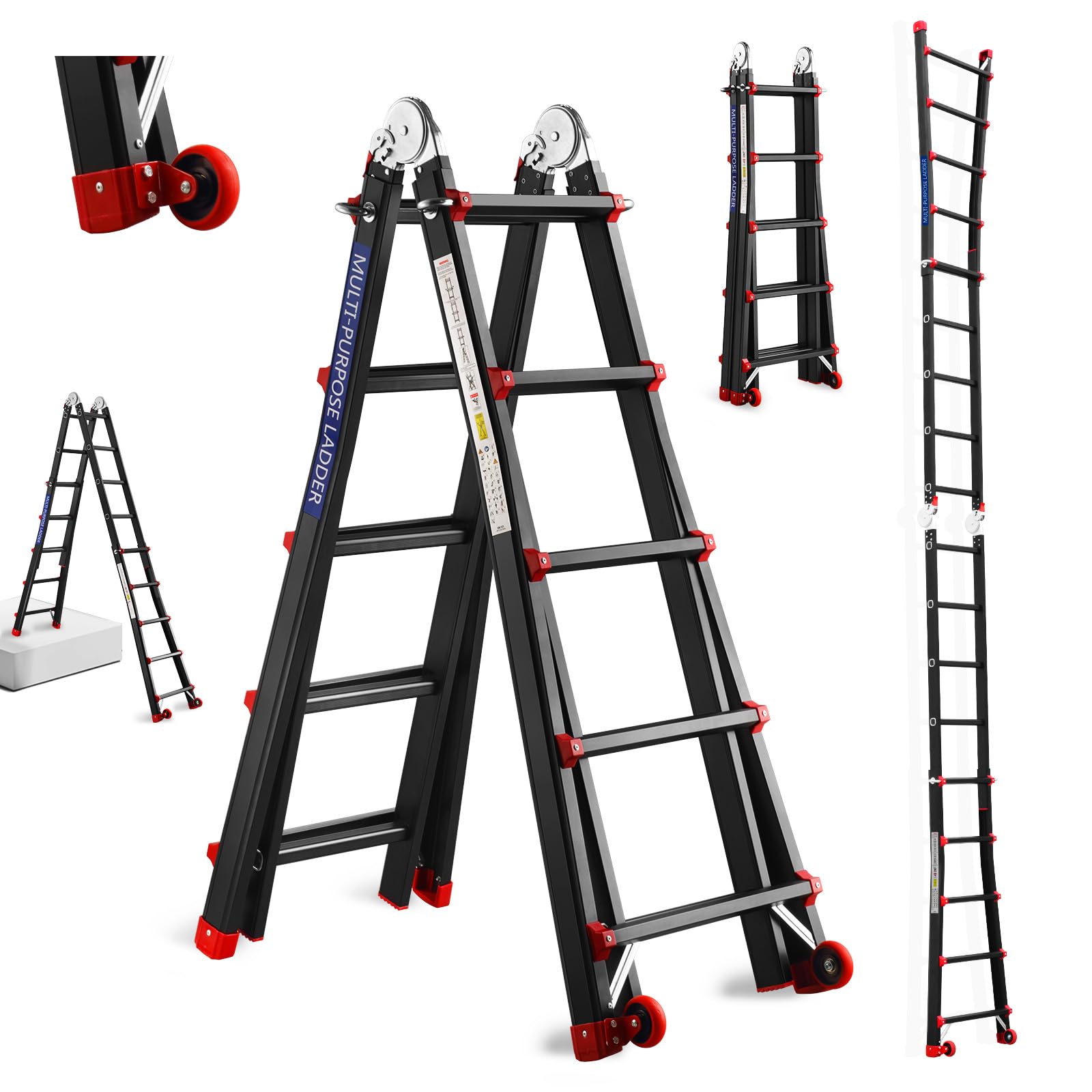 TEENO 5.1 M Aluminium Multi-Function Ladder 5 x 5 Treads, Telescopic Ladder with 2 Removable Wheels and Reinforced Triangular Base, Maximum Load 150 kg, Black