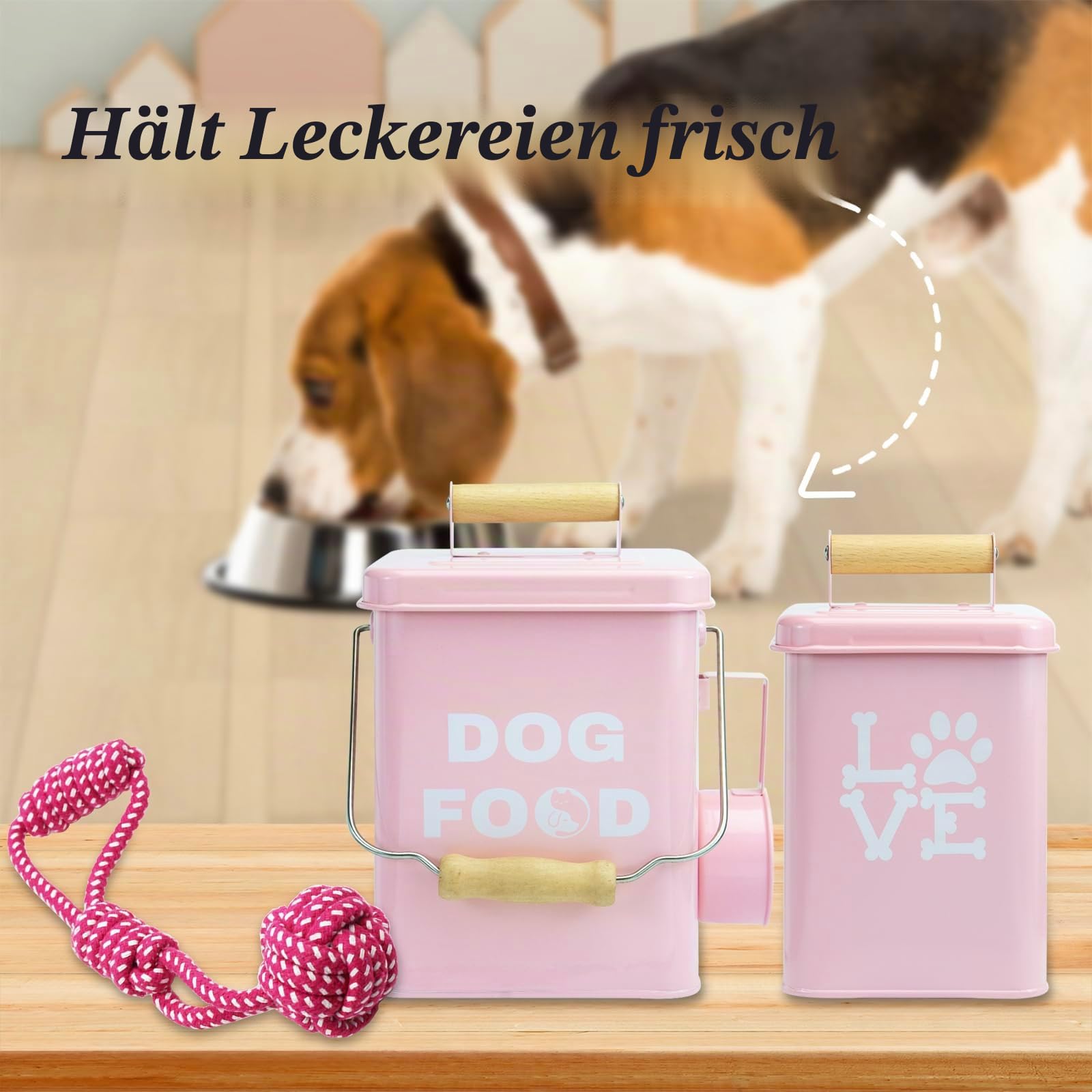 Set Von 2 Metall-Hundefutterbehältern-24,5x14,5cm&21,8x12cm, Rosa Großer Niedliches Leckerli-Glas Mit Deckel, Inklusive Löffel und Hundespielzeug, Futterbehälter Für Haustiere Für Küchenarbeitsplatte
