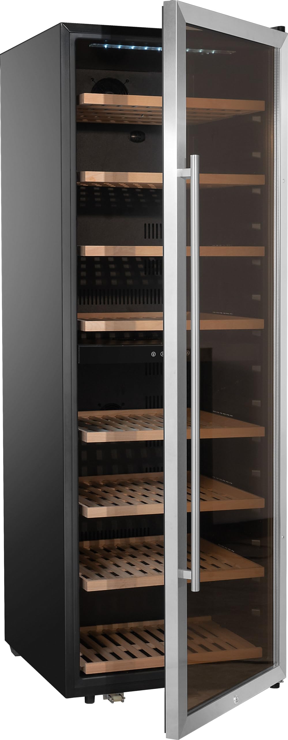 METRO Professional Vinoteca GWC1171D, acero inoxidable/vidrio, 8 estantes de madera, termostato digital, para 171 botellas de vino, con cerradura, negro/plateado