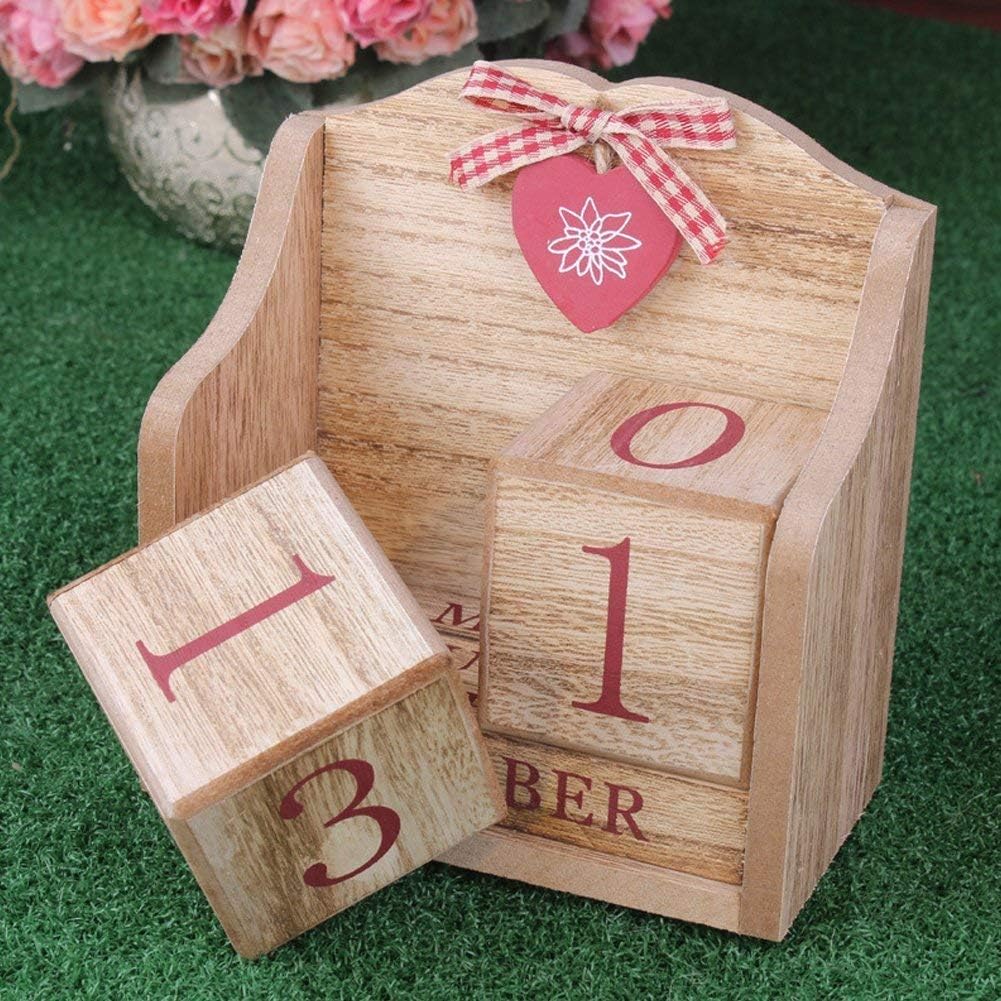 Vintage Wooden Blocks Perpetual Calendar, Wooden Perpetual Desk Calendar Home and Office Decoration (Pink)