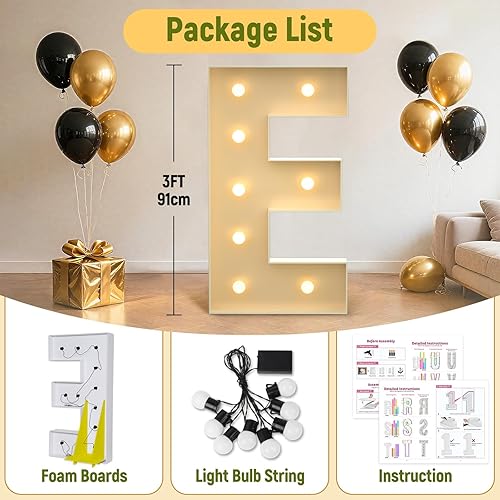 Miniatura 2 de Letras iluminadas de marquesina de 3 pies, letras grandes de marquesina E para decoraciones de fiestas, letras grandes de bebé para baby shower,