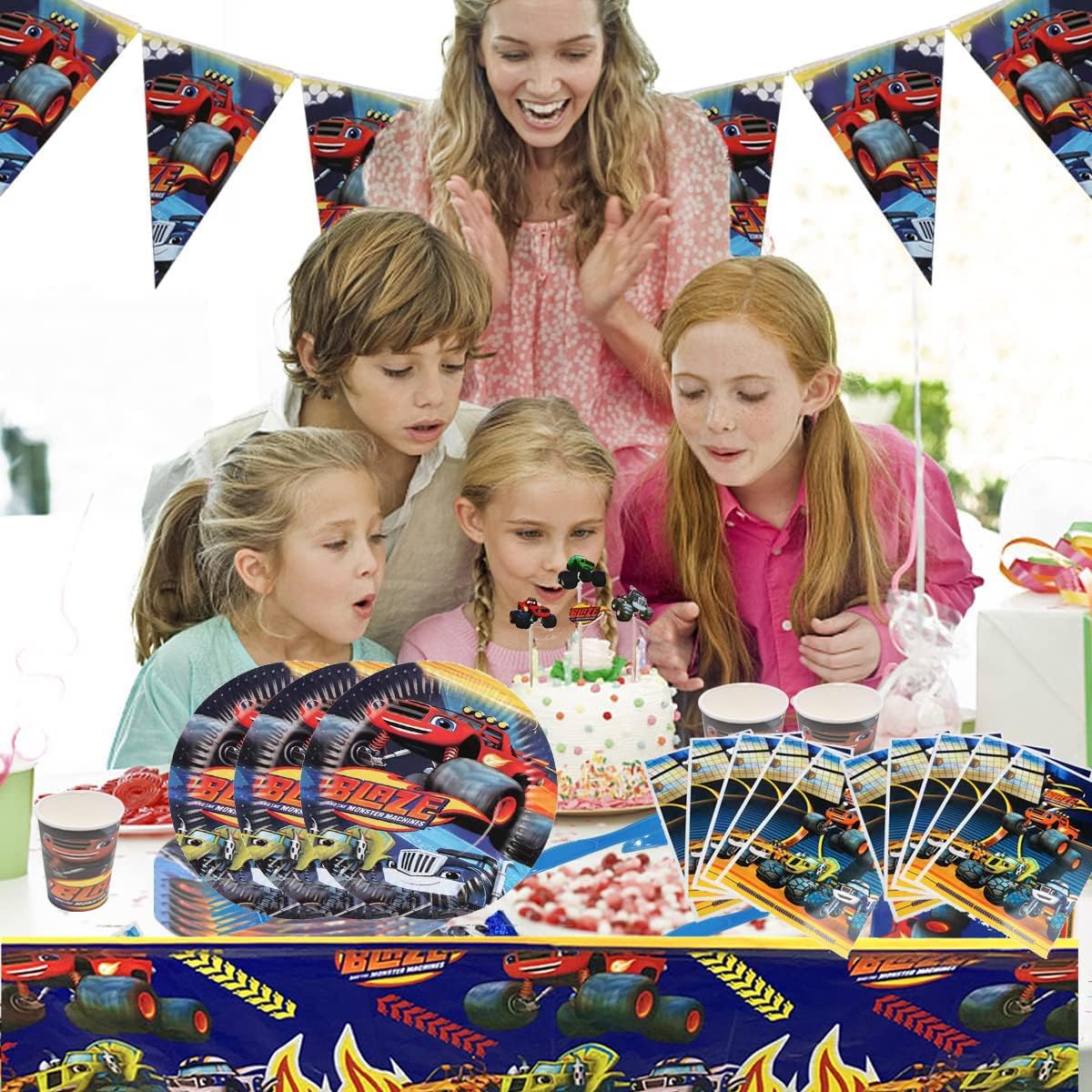 Blaze Monster Party Birthday Supplies, Monster Machine Theme Party Tableware with Pennant, Tablecloth, 20 Gift Bags, 20 Disposable 7" Paper Plates with Napkins for Fans Birthday Party Decorations