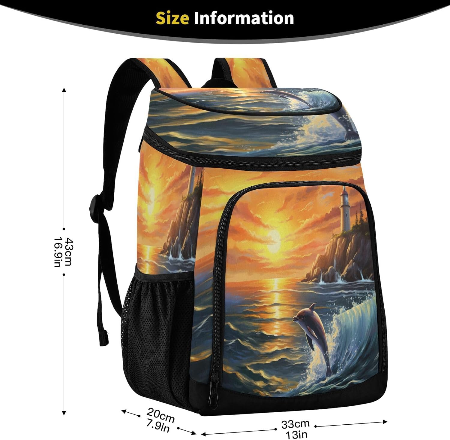Two Dolphins and Lighthouse Cooler Backpack 36 Cans Leakproof Waterproof Backpack Cooler Bag Beach Accessories Travel Camping Fishing Backpack for Women Men