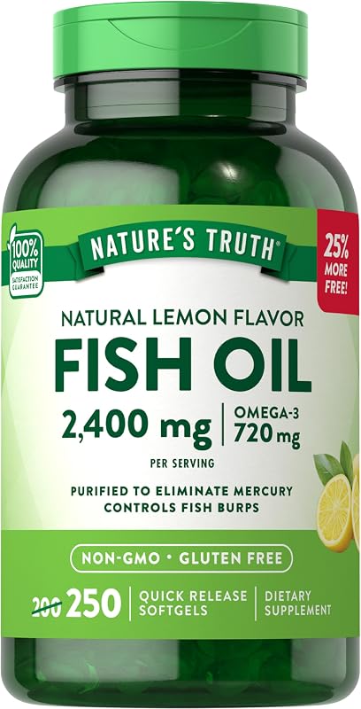 Aceite de pescado sin eructos Nature's Truth 2400 mg | 250 cápsulas blandas | 720 mgOmega 3 | Pastillas naturales con sabor a limón | Suplemento sin OGM y sin gluten