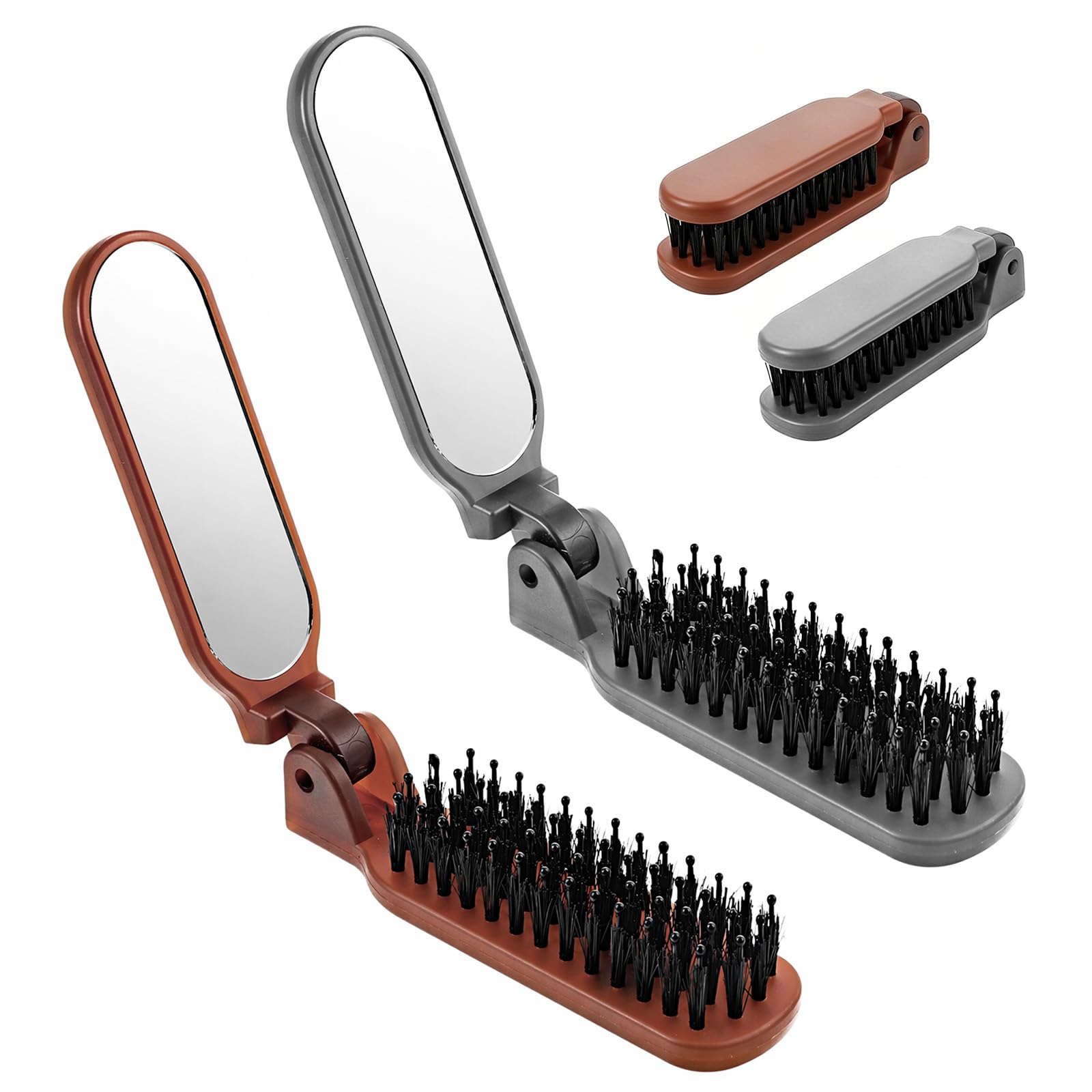 2 Pcs Folding Travel Hair Brush with Mirror Travels Folding Boar Bristles Hairs Brushes Hair Brushes for Women Portable Pocket Purse Brush for All Hairs Types Travel Size HairBrush