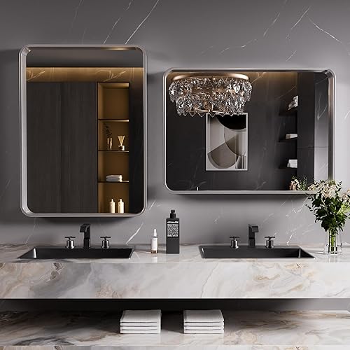 Miniatura 8 de Espejo con marco de metal plateado para baño, espejo rectangular de tocador de baño de 40 x 30 pulgadas, espejo de granja montado en la pared,