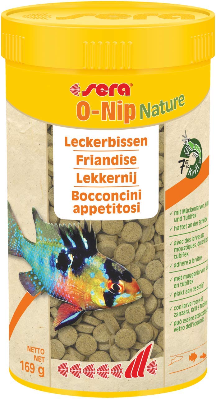 sera O-Nip Nature 265 Tabs 8.45 oz | Complete Feed for All Ornamental Fish | Adhesive Tablets Stick to The Aquarium Glass | High Protein | No Dyes & Preservatives | with Bloodworms, Krill & Tubifex