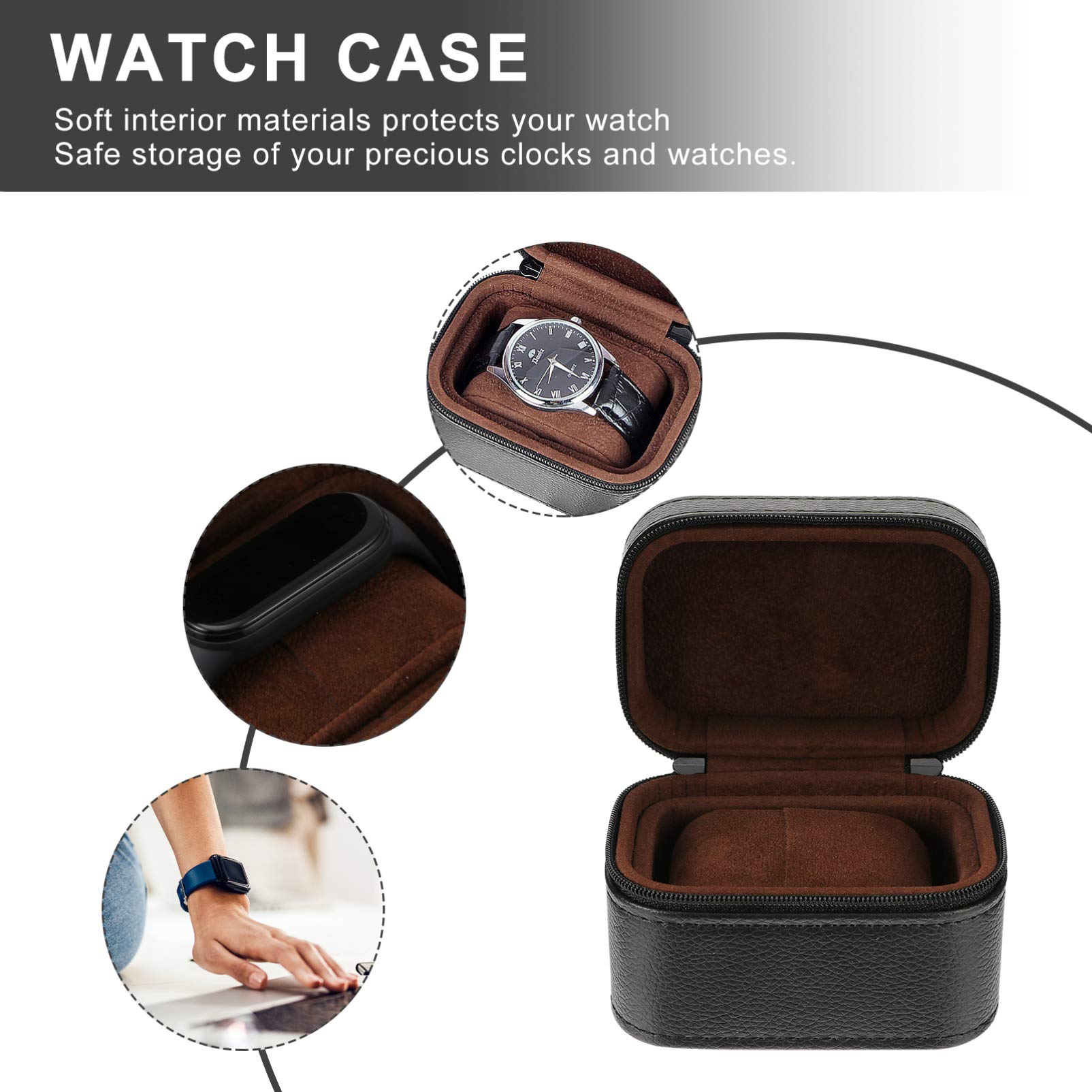 ibasenice Scatola Porta Orologi in Pelle Sintetica Nera Antifall Antiurto Leggera per Uomo e Donna, Custodia Portatile Chiusura per Orologi Singoli