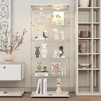 Beauty4U Glass Display Cabinet with Lights, 5 Shelves with 2 Doors, Curio Cabinets for Living Room, Bedroom, Office, White Floor Standing Glass Bookshelf, Quick Installation