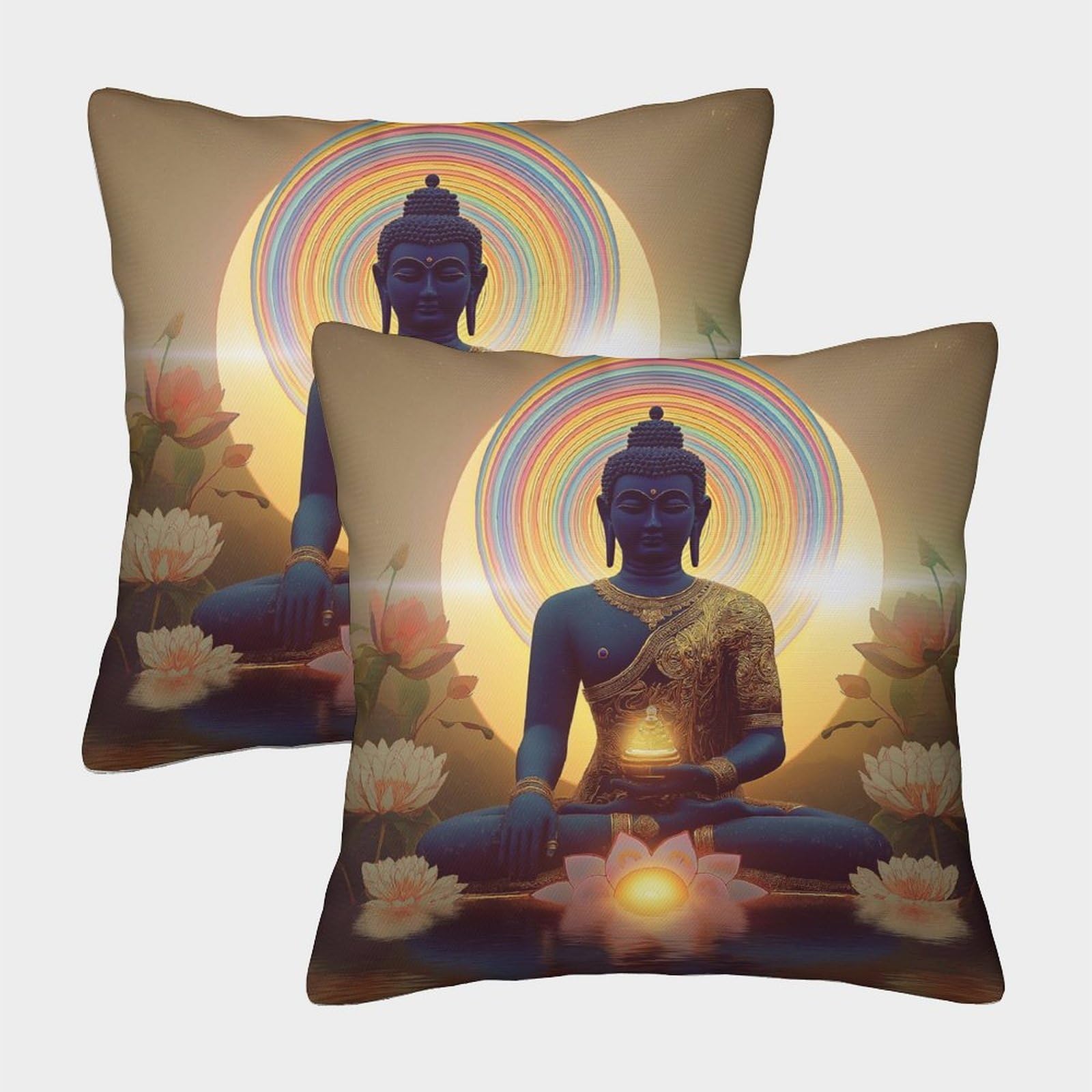 kaiyun 2 Pack Buddha Statue, Blooming Pink Lotus 3D Image Printed Single-sided Cushion Cover 50x50cm