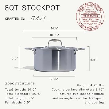 Made In Cookware - 8 Quart Stainless Steel Stock Pot With Lid - 5 Ply Stainless Clad - Professional Cookware - Crafted in Italy - Induction Compatible