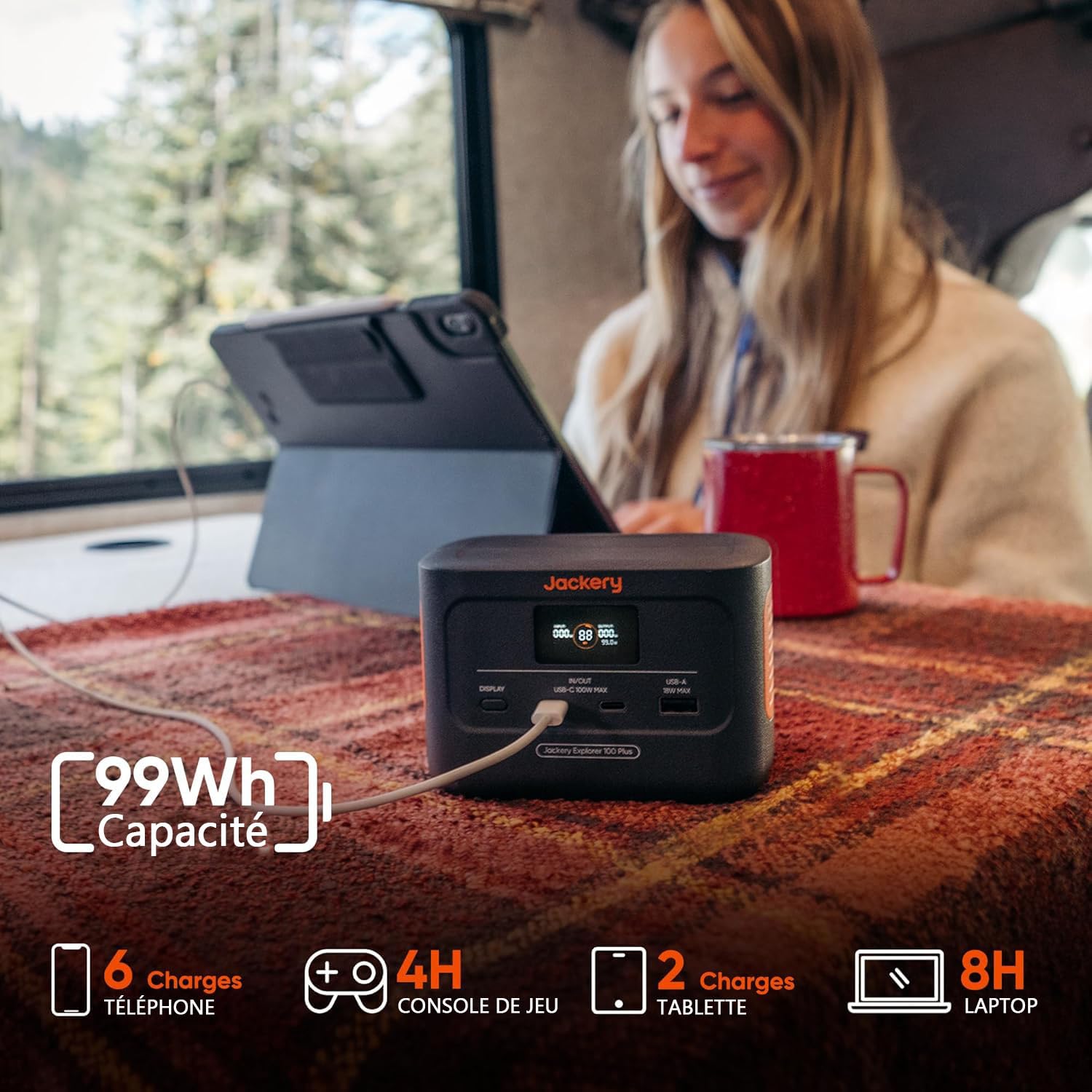 Jackery Mini Générateur Électrique Portable, 99Wh/31000mAh Batterie LiFeP04, 3 Portes USB-A/C 128W Sortie Max, Explorer 100Plus Batterie Externe de Secours pour Extérieur, Camping, Voyage, Jardin