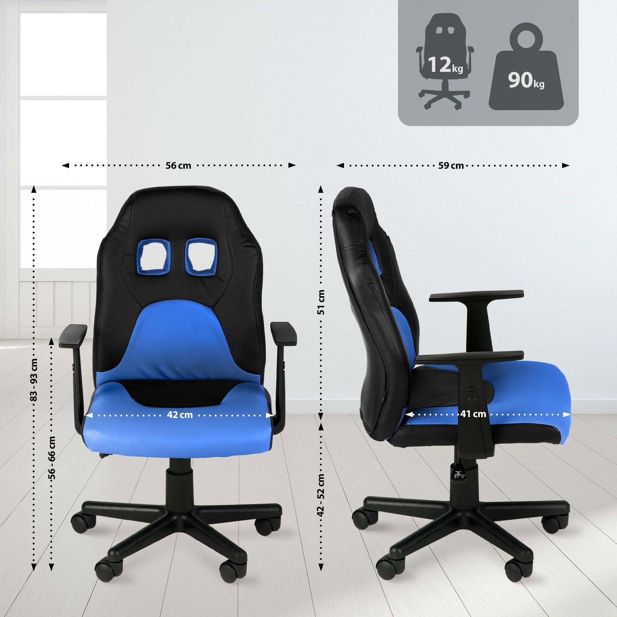 CLP Sedia ergonomica per bambini e ragazzi Fun, poltrona regolabile in altezza con rivestimento in ecopelle, braccioli rimovibili, Colore:nero/blu