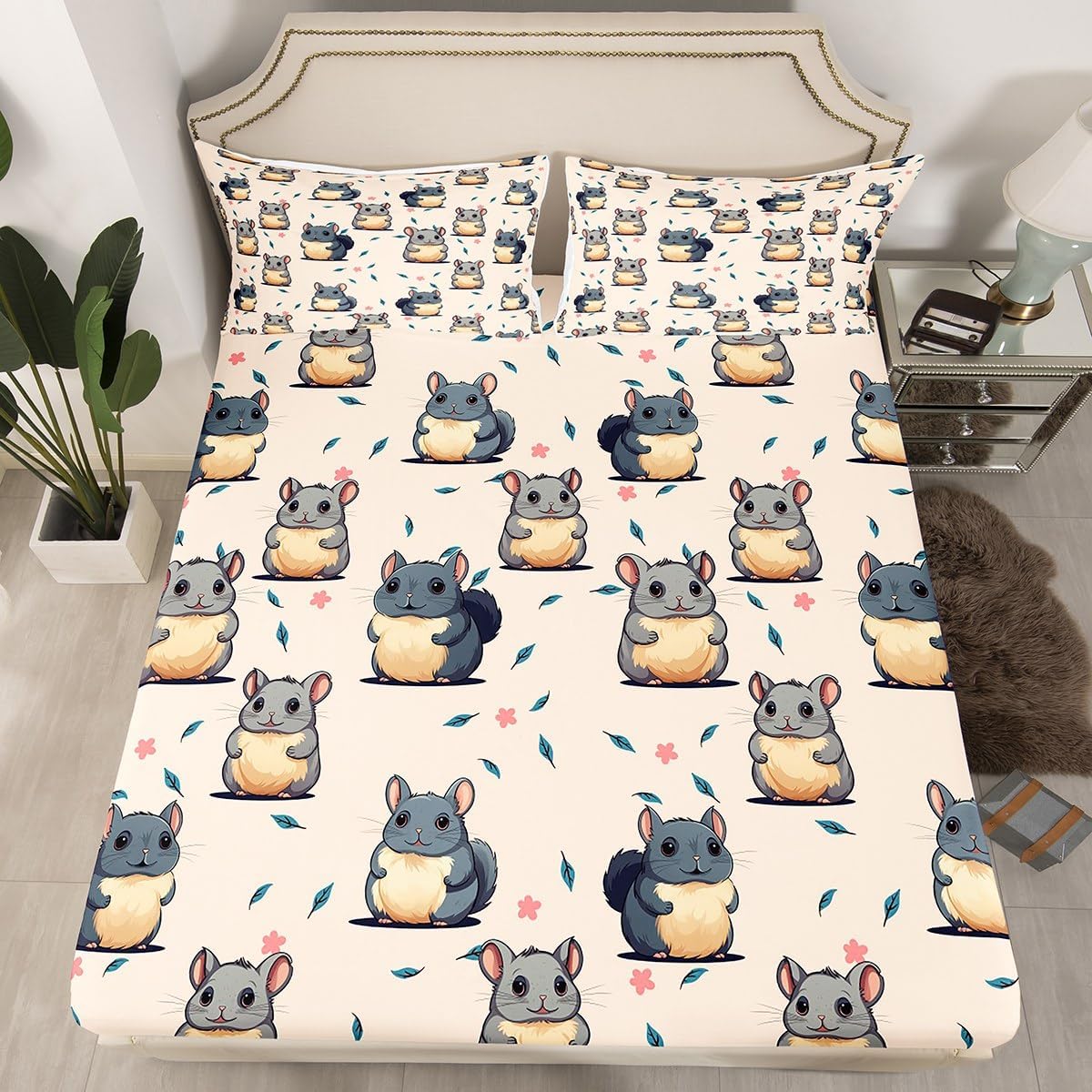 Erosebridal Cute Rabbit Fitted Sheet Full,Farmhouse Animal Print Bunny Bedding Set Kawaii Room Decor,Halloween Pumpkin Bed Set Rustic Cabin Style Cartoon Animals Bottom Sheets Only (3Pcs)