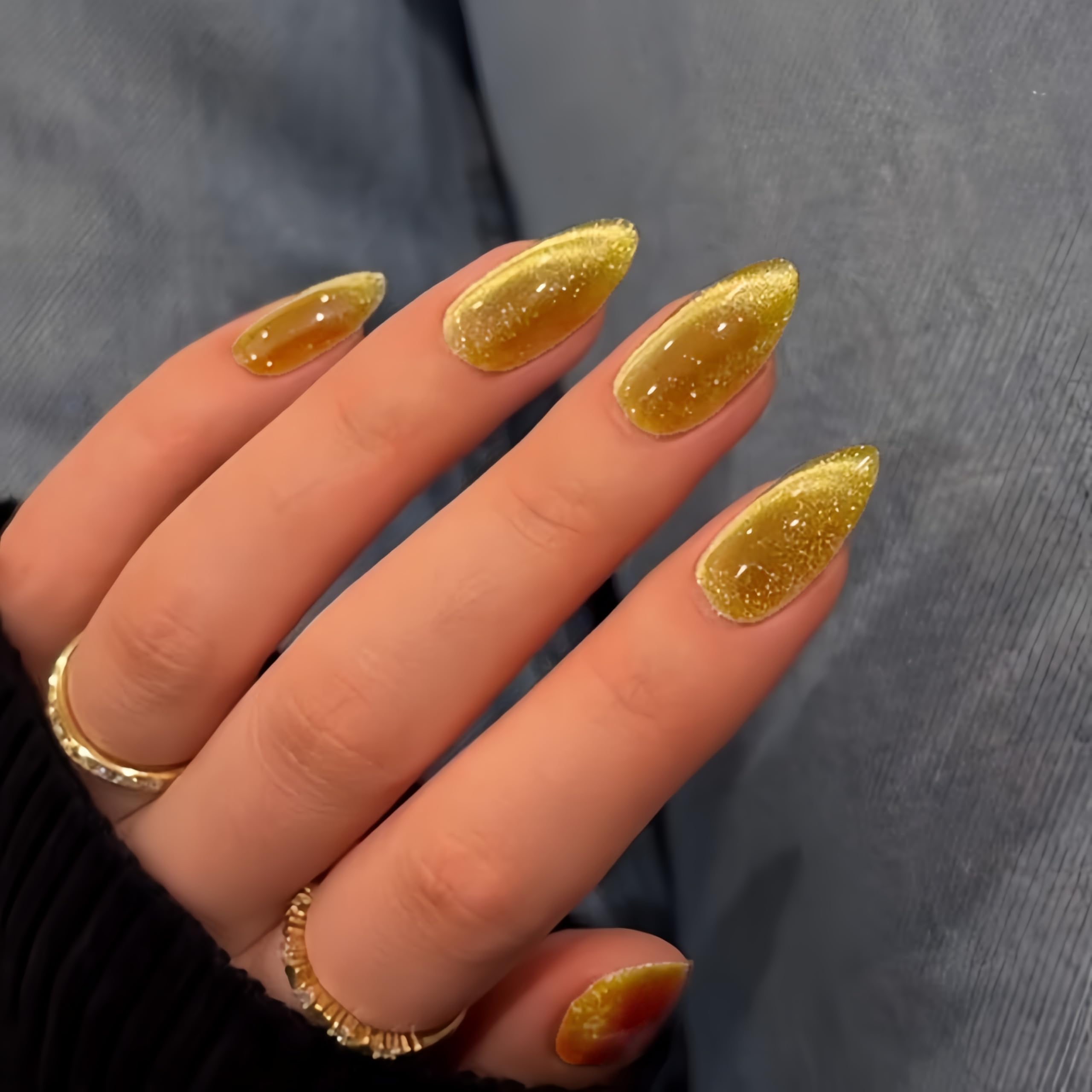 SXVME Gold Cat Eye False Nails Almond, Glitter Chrome Press on Nails Medium Almond - Image 2