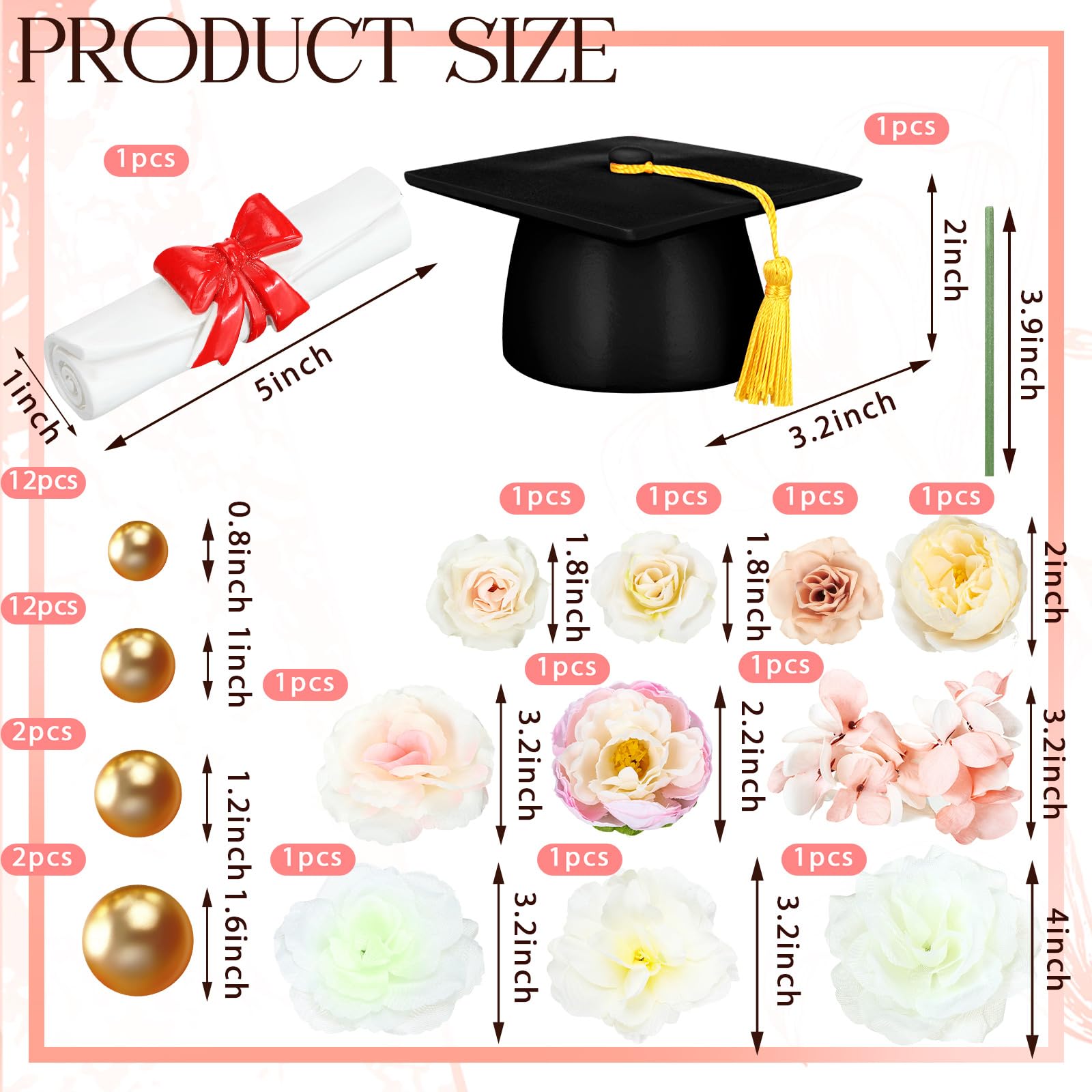 Wavwavw 50 Pcs Resin Graduation Cake Cupcake Toppers Cap and Diploma Gold Balls Kit Congrats Grad Cake Decorations for 2025 Master Graduation Party Middle High School Supplies(Black)