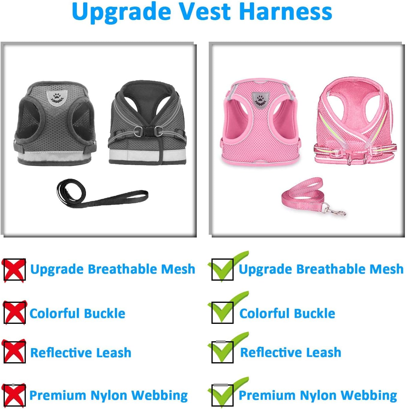 Dog Harness and Leash Set for Walking, Escape Proof Vest Harness with Soft Mesh, Adjustable Velcro, Reflective Strips for Kitten Cats and Puppy Dogs