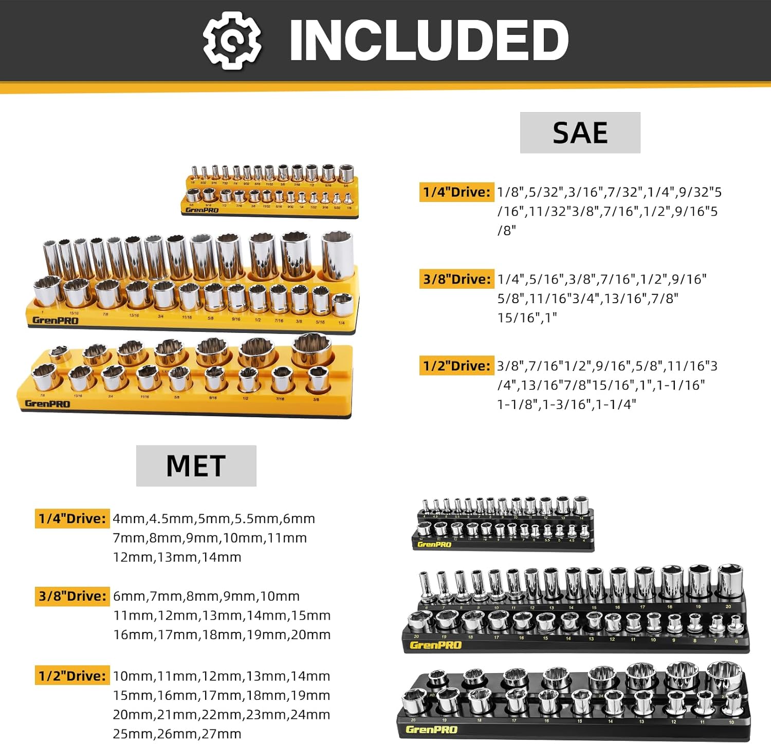 Socket Organizer for Tool Box Drawer, 6pc 143 Metric & SAE Magnetic Socket Holder, 1/4", 3/8", 1/2" Drive Socket Tray Set, Magnetic Socket Organizer