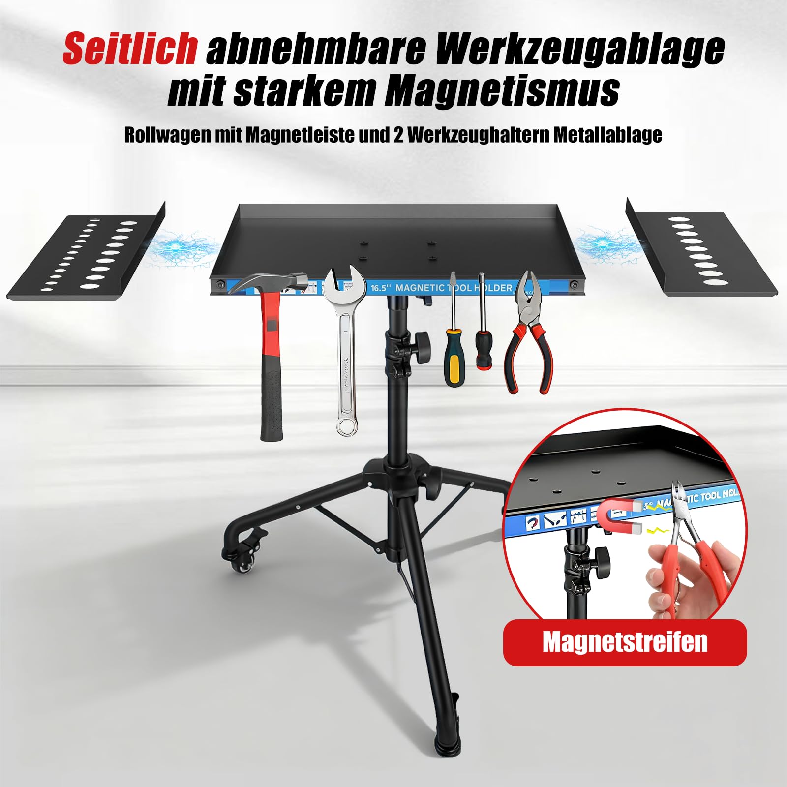 Mobile Werkbank mit Rollen, Höhenverstellbarer Werktisch mit Magnetstreifen, multifunktionale Arbeitstisch für die Garage, Reparatur Werkstatt Haushalt DIY