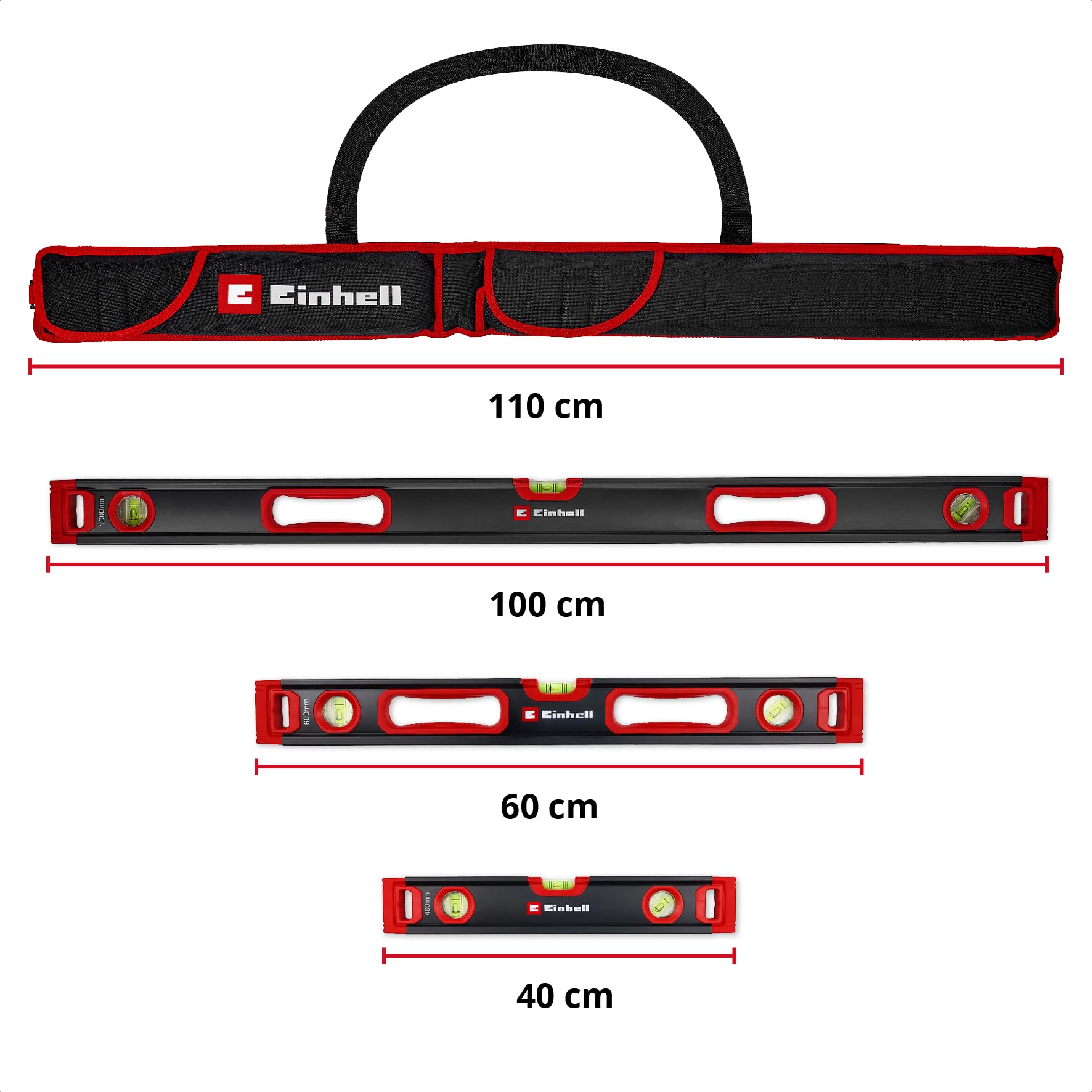 Einhell set di livelle professionali da 3 pezzi, 40/60 / 100 cm | Profilo alluminio | 3 fiale | base magnetica | precisione ±0,5 mm/m | terminali gomma | borsa trasporto incl.