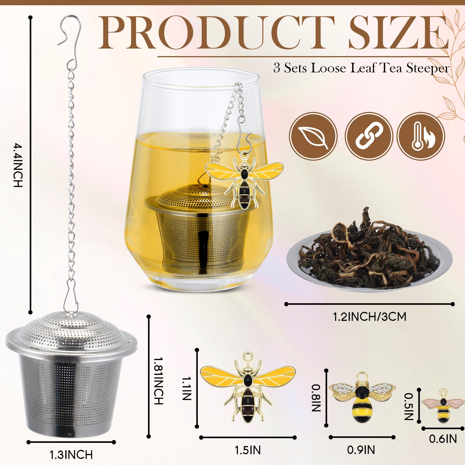 FoldTier 3 Sets Tea Infusers for Loose Tea Leaf Steeper, Stainless Steel Tea Ball Infusers with Drip Trays and Honey Bee Pendant