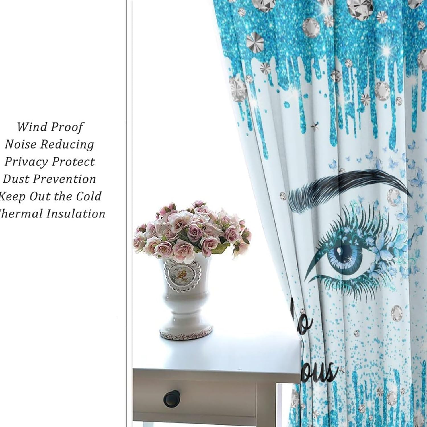 Blue Hello Gorgeous Eyelash Blackout Curtain Women Modern Makeup Theme Dripping Glitter Print Grommet Window Insulated NoiseDrapes Decor for Bedroom Living Room Curtains 2 Panels 63" L x 27.5" W
