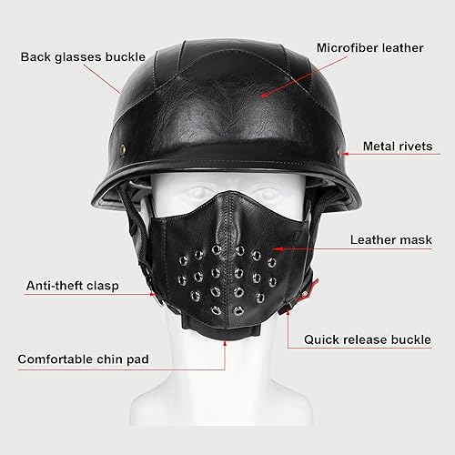 Miniatura 8 de LNCHAO Casco de motocicleta estilo alemán M35 hecho a mano de cuero retro 12 vintage casco de media cara para adultos, hombres y mujeres, aprobado
