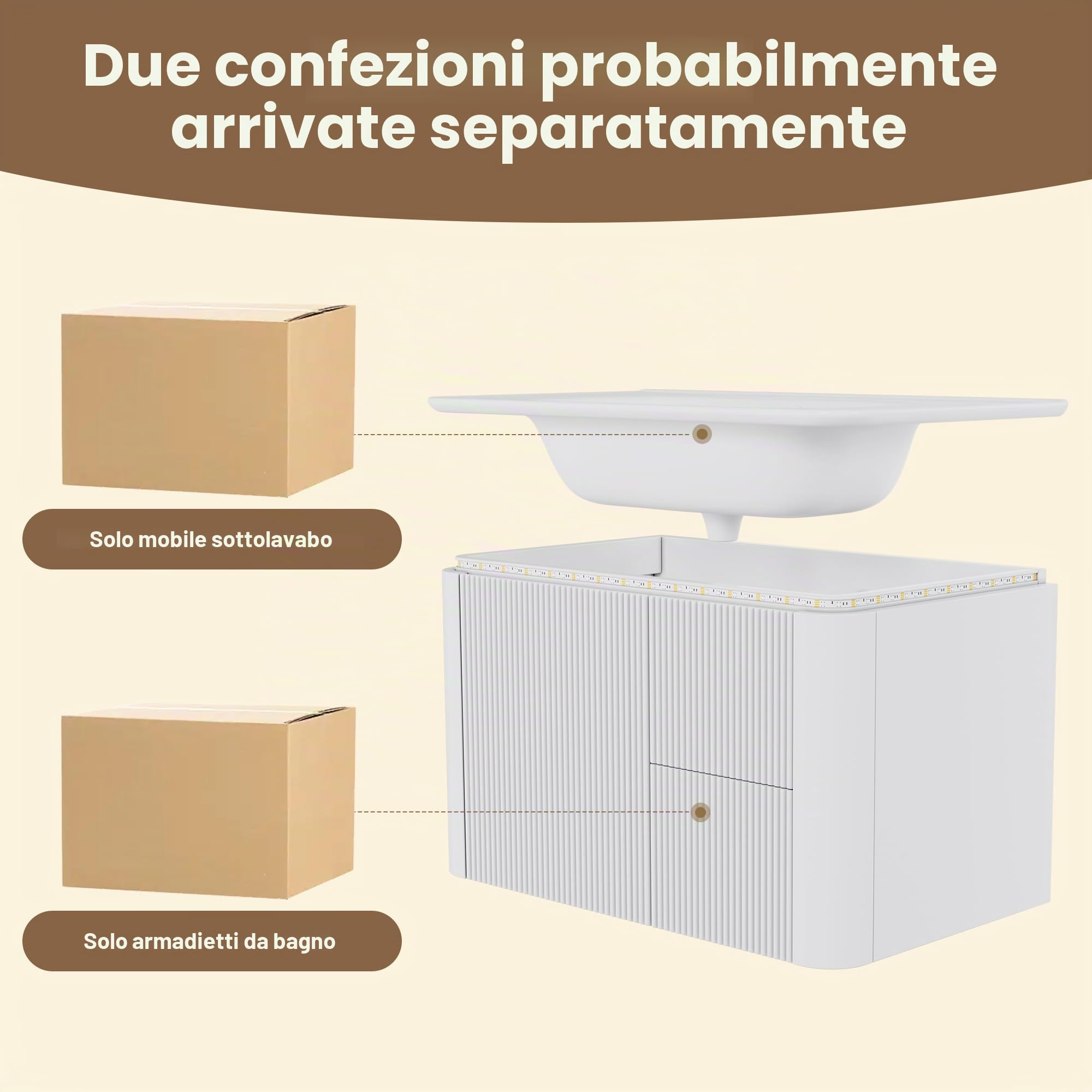 80,5 × 47,5 × 51 cm, mobiletto da bagno a parete sospeso, completamente laccato, struttura verticale, lampada LED con sensore di movimento radar, cassetti silenziosi, lavabo in un unico pezzo