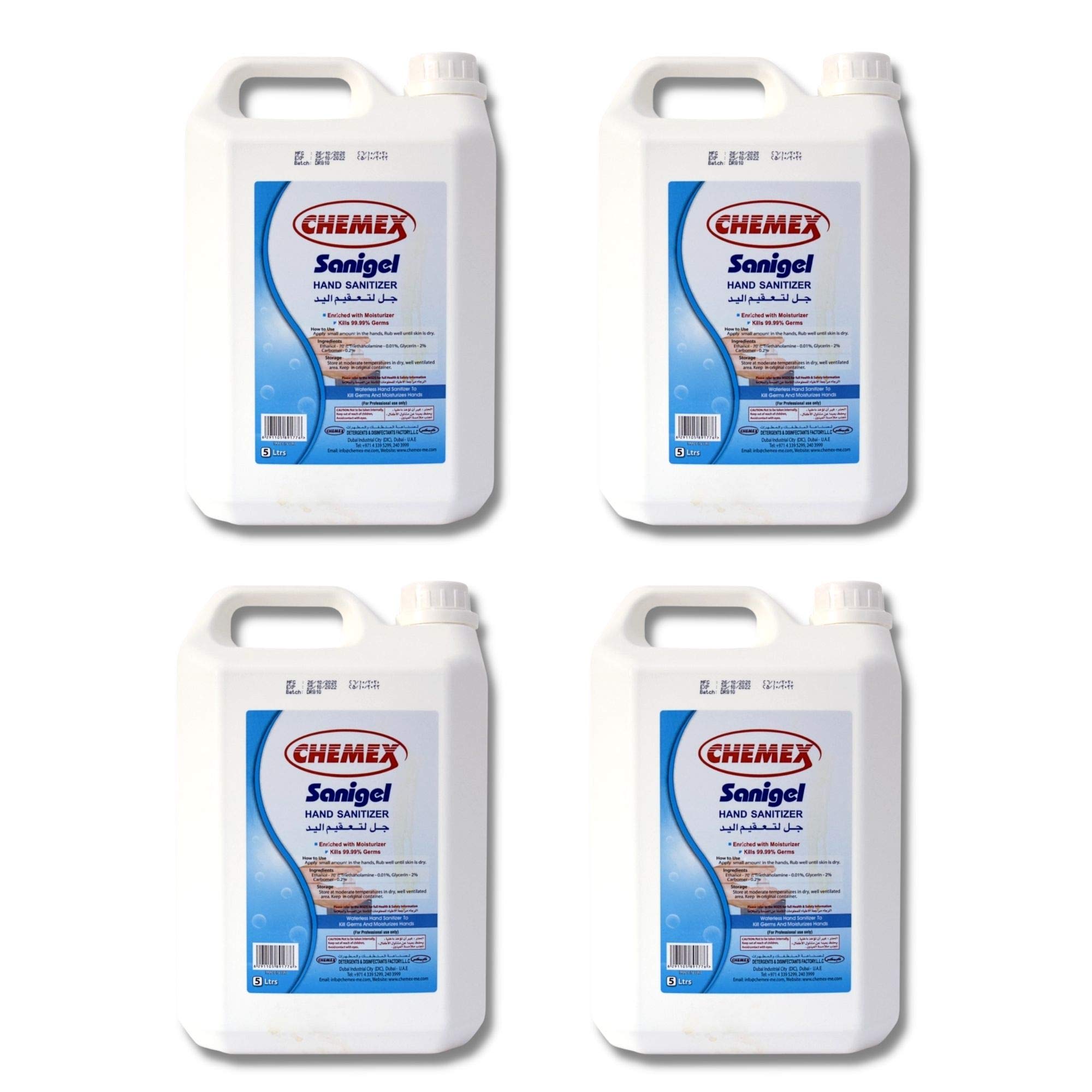 Chemex Sanigel Hand Sanitizer Liquid Gel, Enriched with Moisturizer, Kills 99.99% Germs, 5 Liters (Pack of 4)