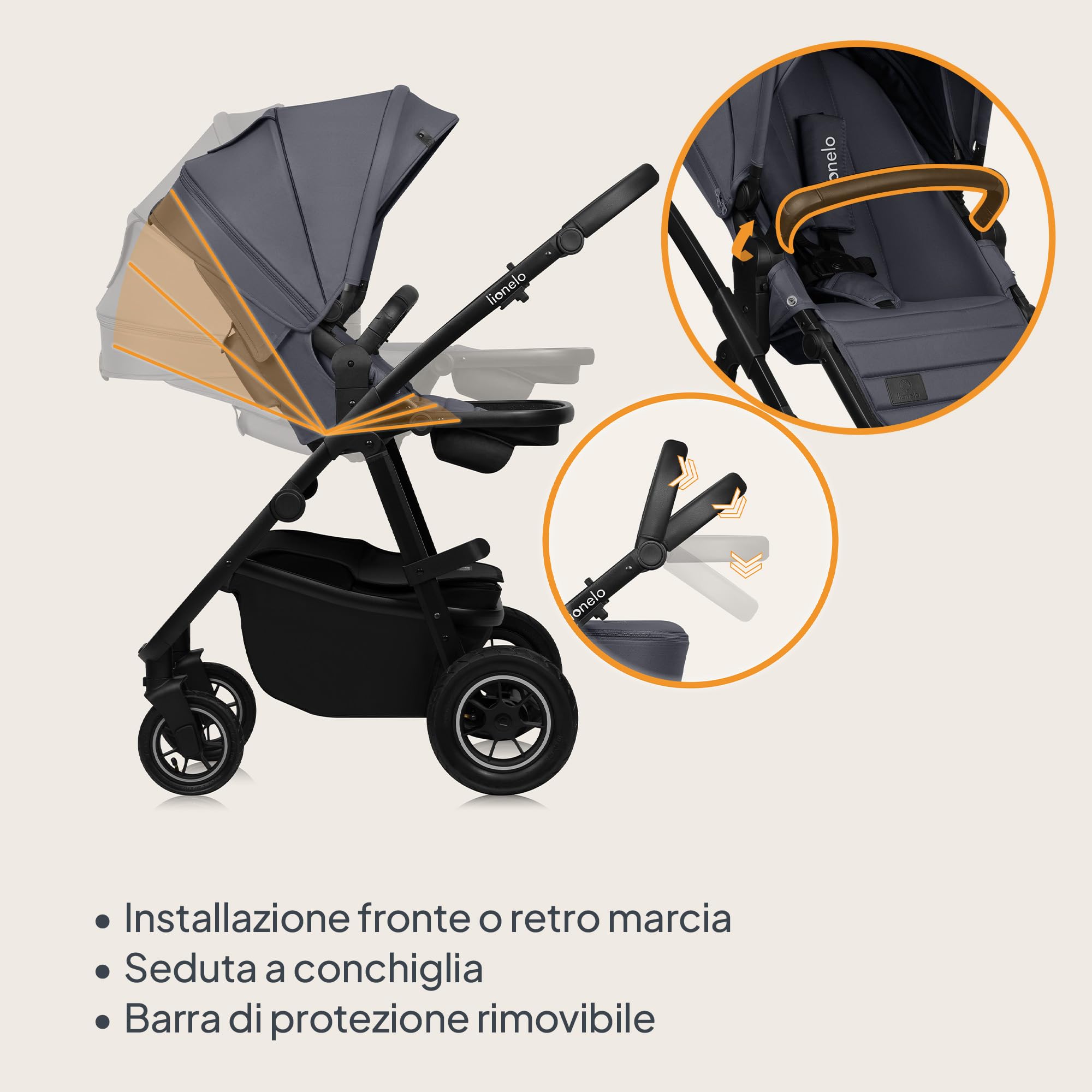 LIONELO Amber Plus Passeggino Trio 3 in 1 da 0 a 4 Anni fino a 22 kg | Navicella XL, Seggiolino Auto fino a 13 kg, Schienale Regolabile, Grandi Ruote All-Terrain 360°, Cappottina XXL