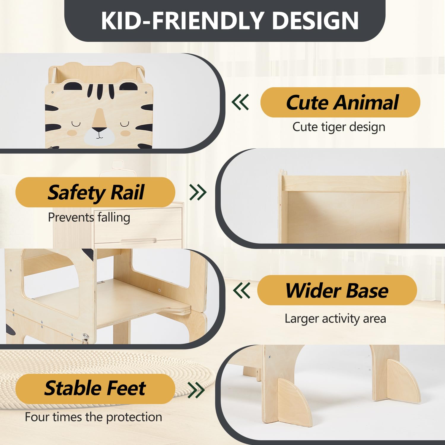 labebe lernturm für Kinder, klappbar Montessori Learning Tower, 3 in 1 lernstuhl Kinder mit Message Boards ab 1 Jahr-Tiger