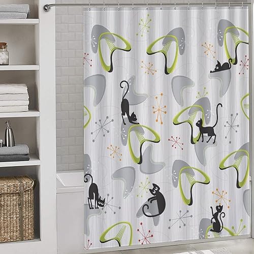 Miniatura 2 de Cortina de ducha de mediados de siglo para baño, diseño geométrico retro, moderno, gato negro, patrón atómico, bonito gatito, rústico, de los años