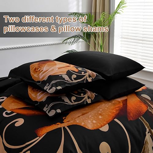 Miniatura 5 de Xruibed Juego de edredón floral tamaño King de 7 piezas en una bolsa, edredón de flores de rosa naranja con juego de sábanas de microfibra suave (1