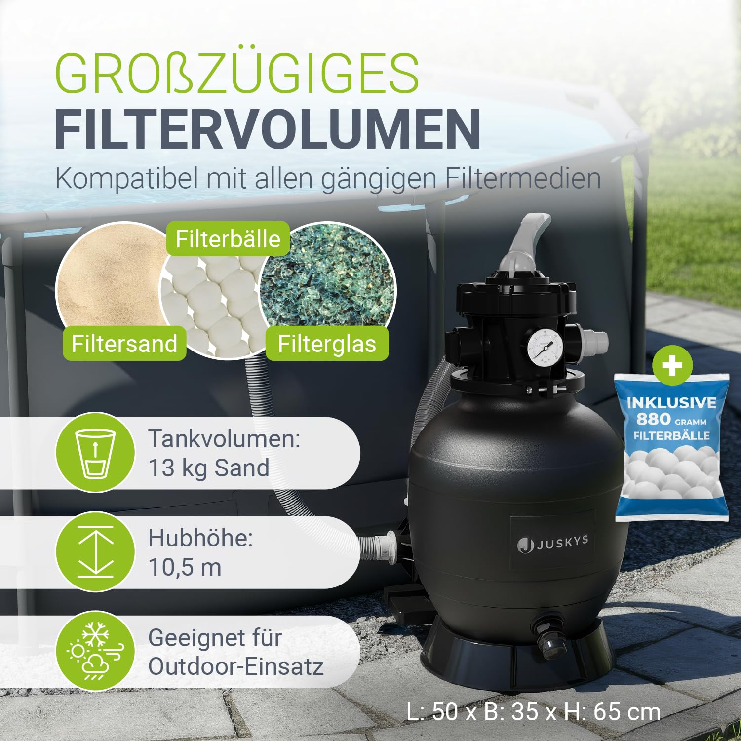 Juskys® Sandfilteranlage 400 W - Poolfilteranlage für 47.000 Liter, effiziente Filtration mit 7-Wege-Ventil, kompakt