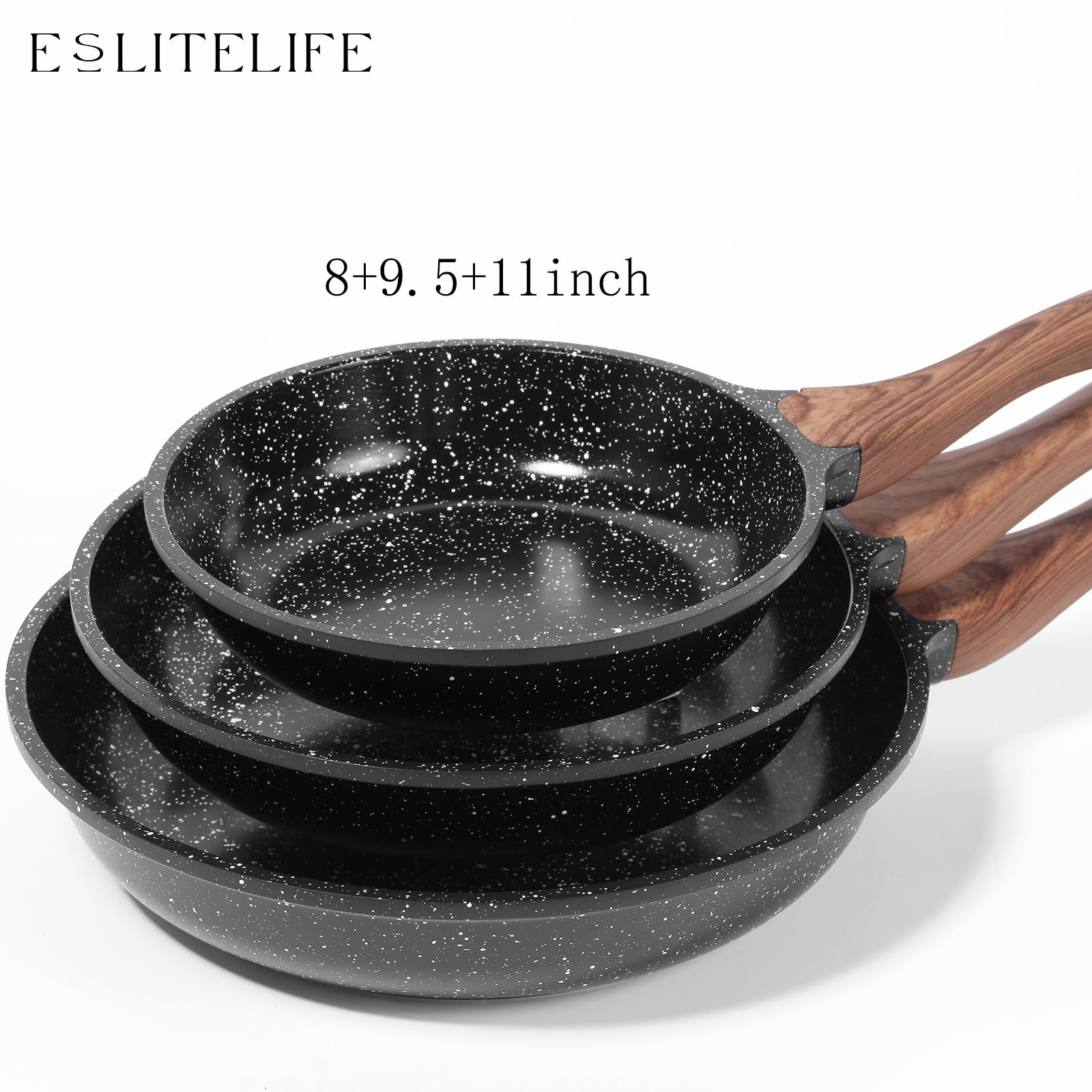ESLITE LIFE Frying Pan Set with Lids Nonstick Skillet Set Egg Omelette Pans, Ceramic Coating Cookware Compatible with Gas, Electric & Induction, PFOA Free, 7-Piece, Black