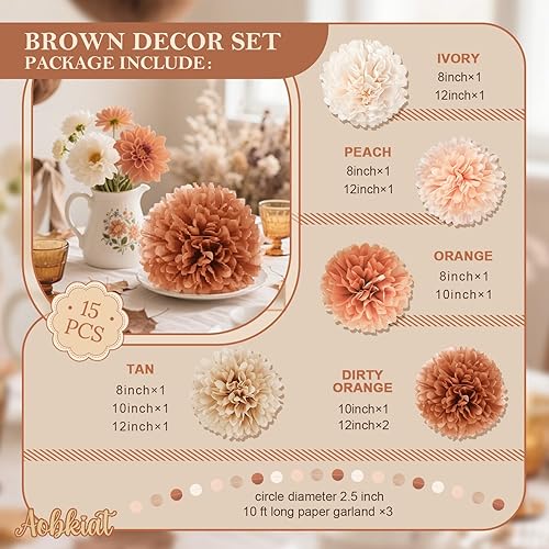 Miniatura 7 de Juego de decoración de boda para baby shower, 15 pompones de papel de seda marrón melocotón, lunares circulares coloridos guirnalda de papel para