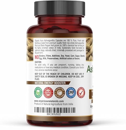 Miniatura 2 de Organic Aura International Ashwagandha con Cápsulas de Pimienta 1500mg -150 Cápsulas Vegetales. Sin OGM - Sin gluten.