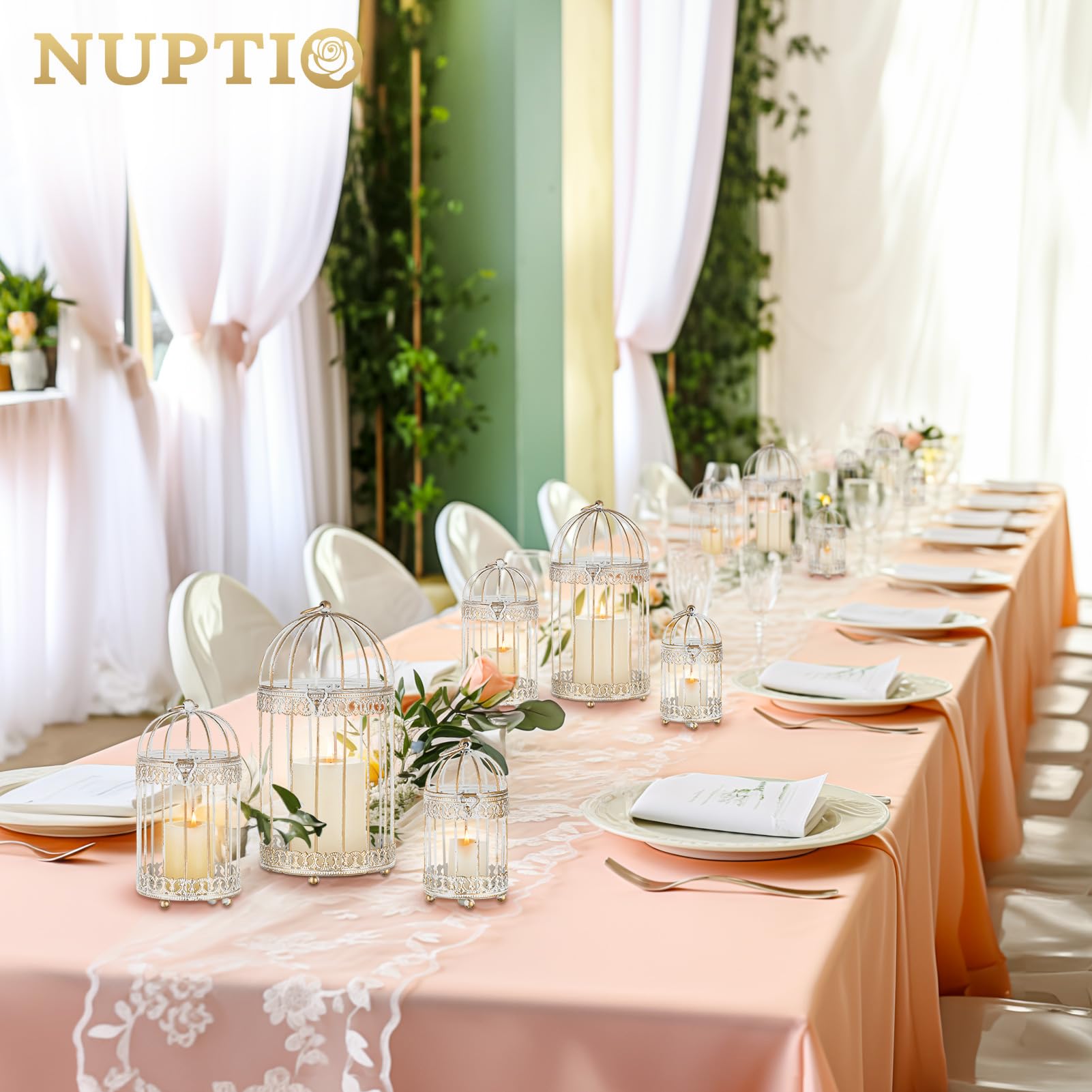 NUPTIO Cages À Oiseaux pour Bougies Piliers Blanc: 3 Lot de Lanterne de Mariage Petite Cage À Oiseaux en Métal pour Décoration Table Lors La Fête de Mariage