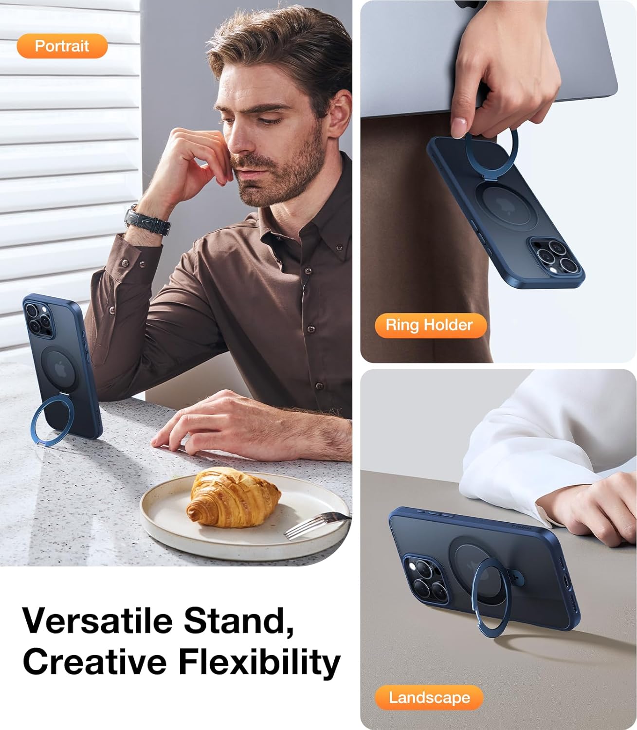 TORRAS Ultra Magnetic Ostand for iPhone 16 Pro Case [Fit for MagSafe] [Sturdy Stand & Ring Holder] Mil-Grade Shockproof Matte Anti-Scratch Slim Protective Kickstand Case, Navy Blue 6.3 inch - Image 3