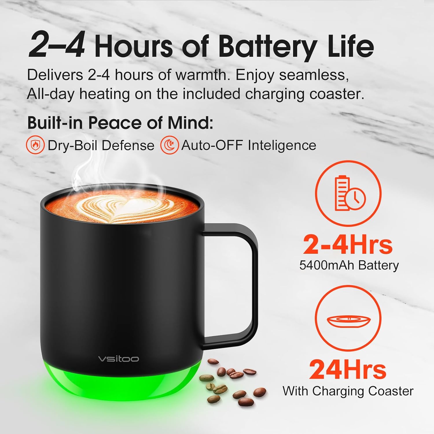 Vsitoo S6 Plus 12oz Heated Mug Auto-Sense Heats to 120-150℉ for Music | 2-4 Hour Battery, 5400mAh, IPX7 Waterproof, 316 SS, Music LED, Rechargeable, Auto On, Cordless, Portable, Gift for Women Men