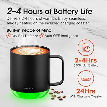 VSITOO S6 Plus 12oz Self Heating Coffee Mug, Music-Reactive Ambient Light | AI Beverage Detection, Auto Heating. Music-Reactive Ambient Light, Button/App Control. 120150F, 1F Temperature Adjustment.