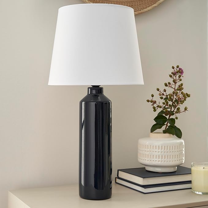 Nourison Nourison Home 22" Dark Blue Ceramic Cylinder Table Lamp for Bedroom, Living Room, Console, Entryway