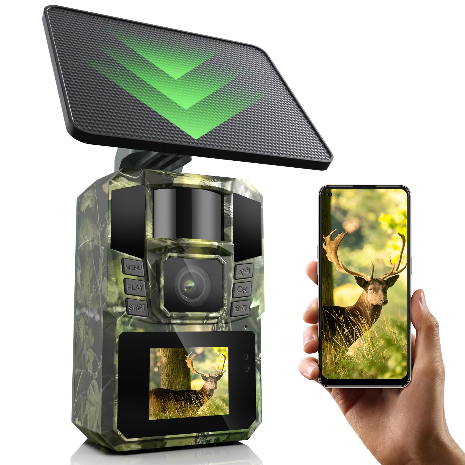 DEATTI WiFi Solaire Camera de Chasse 4K 48MP Caméra de Chasse Connectée au Téléphone Infrarouge Vision Nocturne, Piege Photographique avec 5200 mAh Batterie Rechargeable, IP65 (Carte SD Non Incluse)