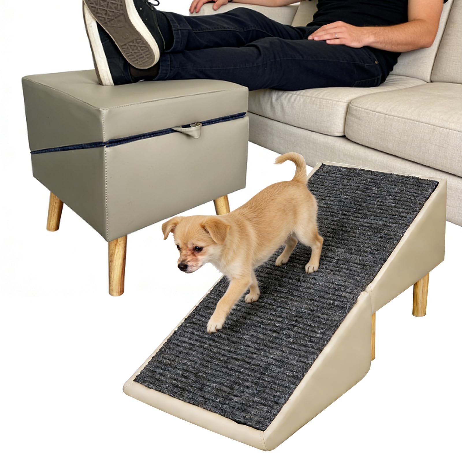 split ottoman dog ramp for couch & bed, 2-in-1 foldable dog stairs with non-slip surface, solid wood pet ramp for small & senior dogs, gentle 23° incline, modern furniture style
