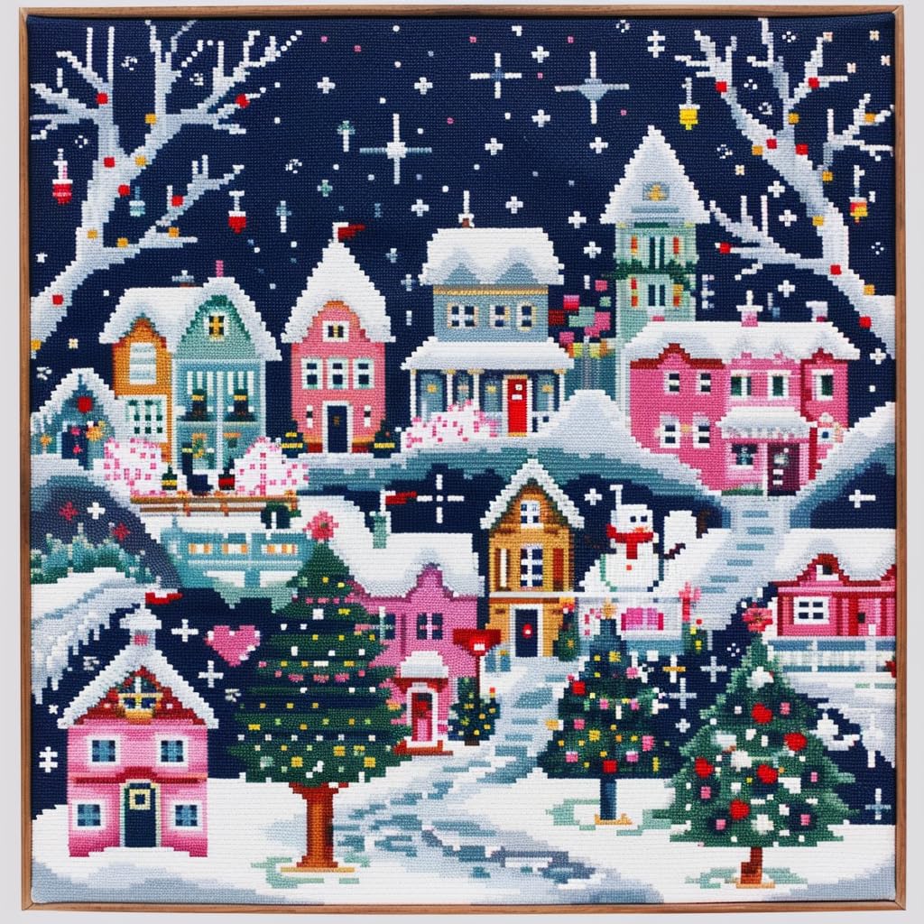 Christmas Town with Colorful House DIY 11CT Stamped Cross Stitch Kits for Beginners Easy Needlepoint Embroidery Counted Cross Stitch Art Craft for Wall Decoration 16x16inch(1)