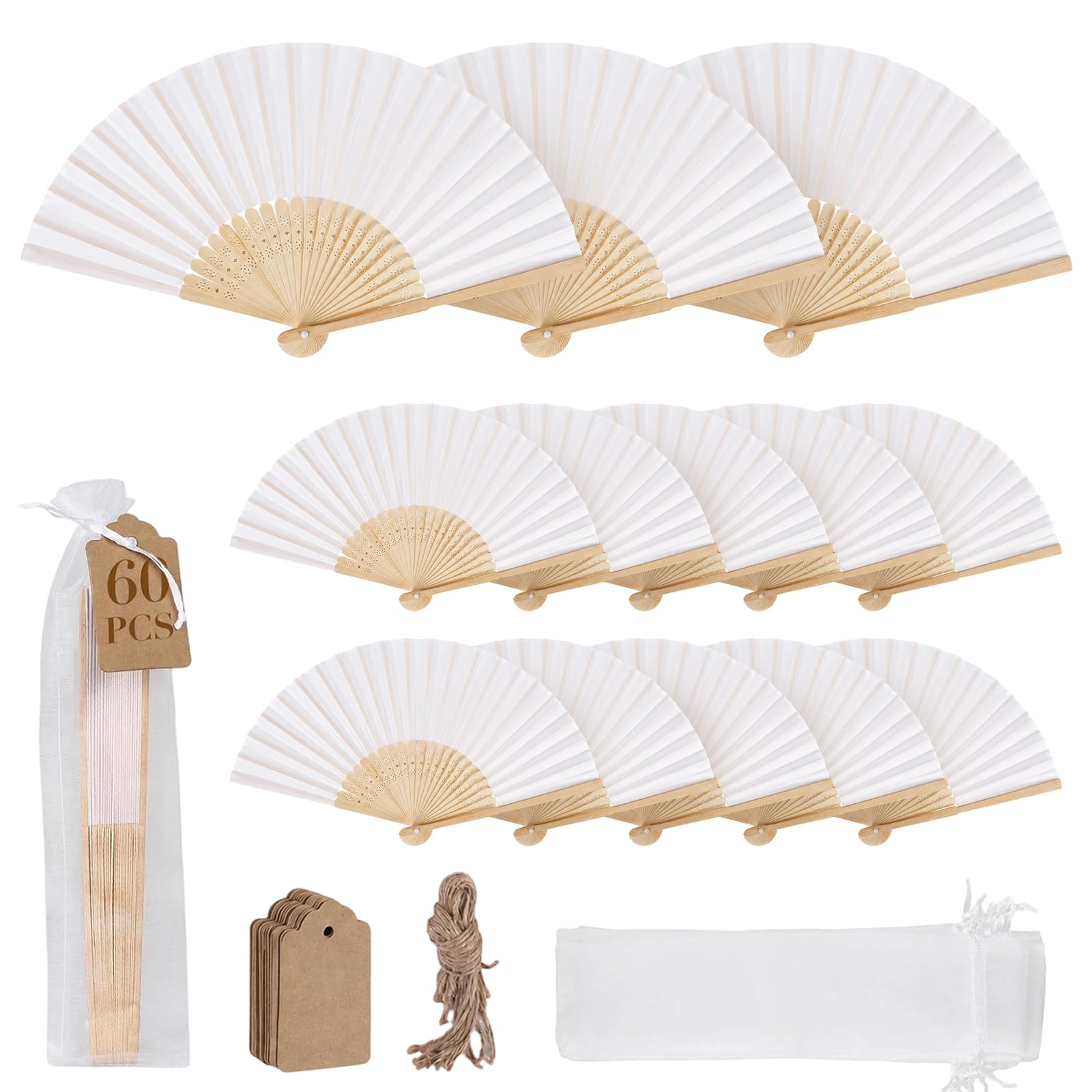 60 weiße Faltfächer, Inklusive Geschenkanhängern aus Kraftpapier und Aufbewahrungsbeuteln aus Organza, DIY Mal- und Beschriftbar, für Hochzeit & Party, Bastelbedarf für Kinder Handwerksprojekte